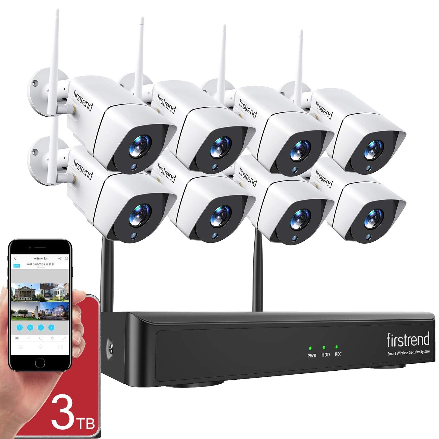 1080P Wireless Security Camera System, Firstrend 8CH Wireless NVR System with 8 pcs 1080P HD Security Camera and 3TB Hard Drive Pre-Installed, CCTV P2P for Indoor Outdoor for Home