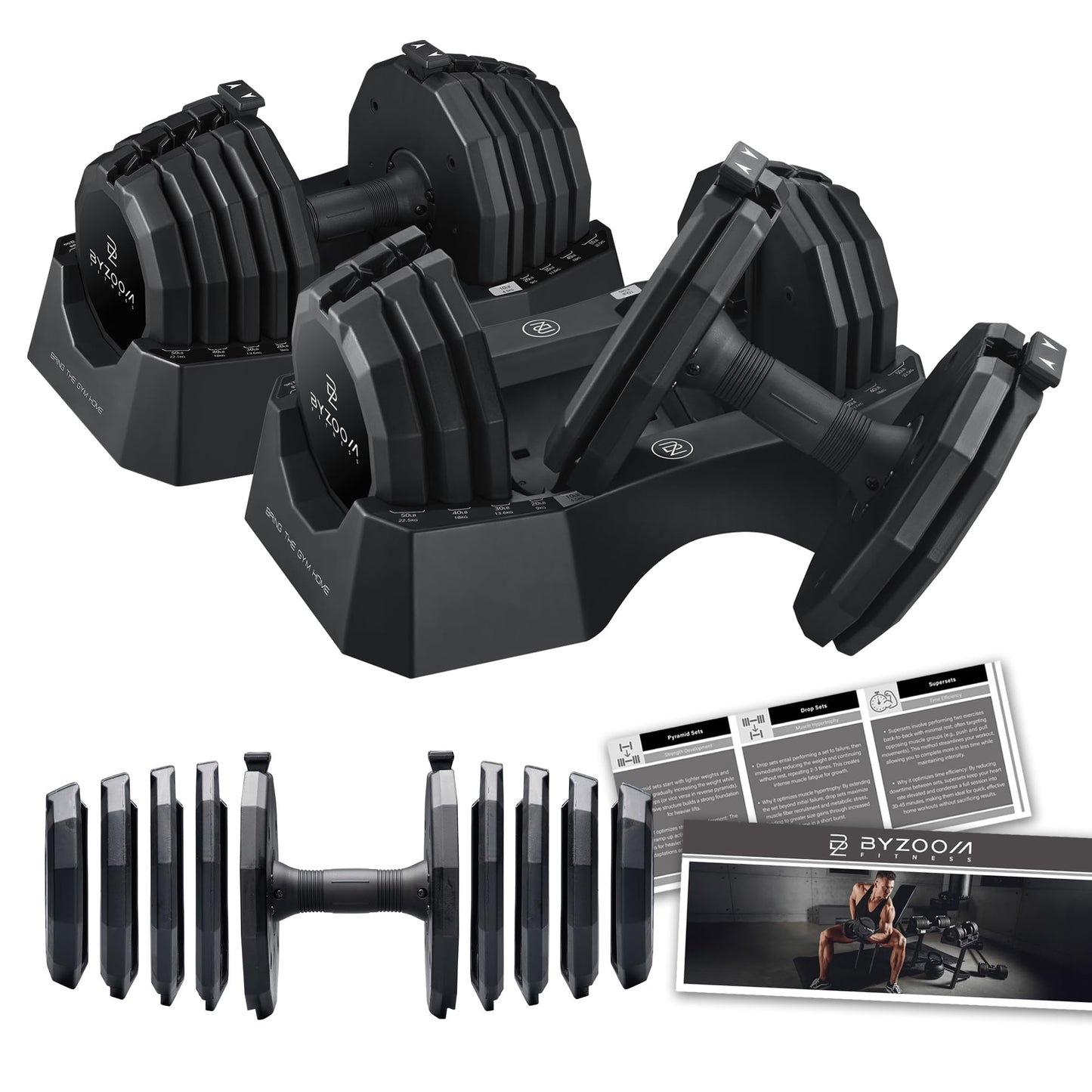 BYZOOM FITNESS Classic Series 50/55LB Adjustable Dumbbell Pair Set of 2, 5-in-1 OR 15-in-1 Patented Secure System, Solid Cast Iron Core, Iconic 12-Sided Polygonal Anti-Roll Base, Professional Heavy Weight for Men and Women, Black (50LB Pair Black)