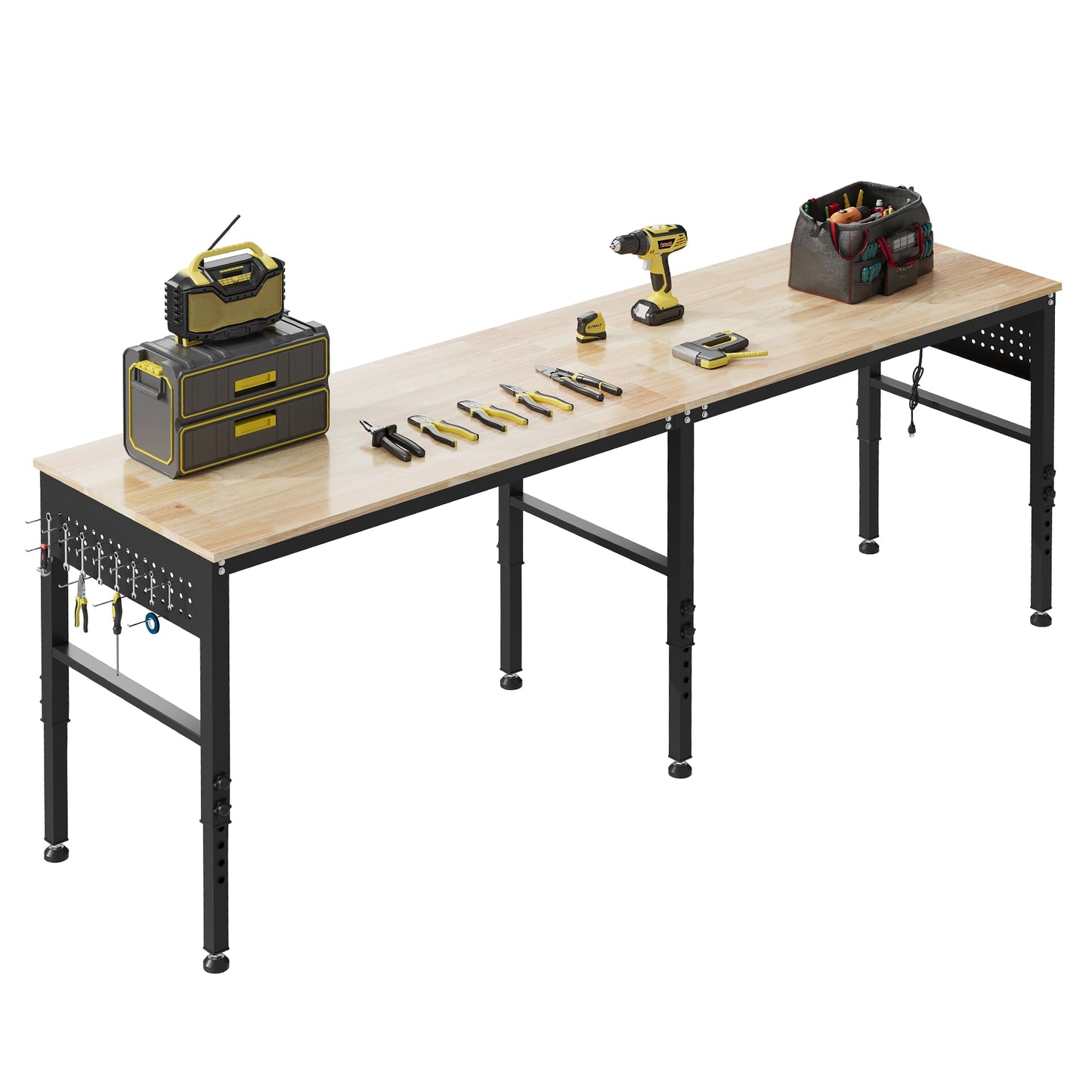 DNYKER 96" Adjustable Heavy Duty Workbench with Power Outlets & Pegboard, 2000 LBS Capacity Rubber Wood Top Work Table for Garage, Workshop, Home & Commercial