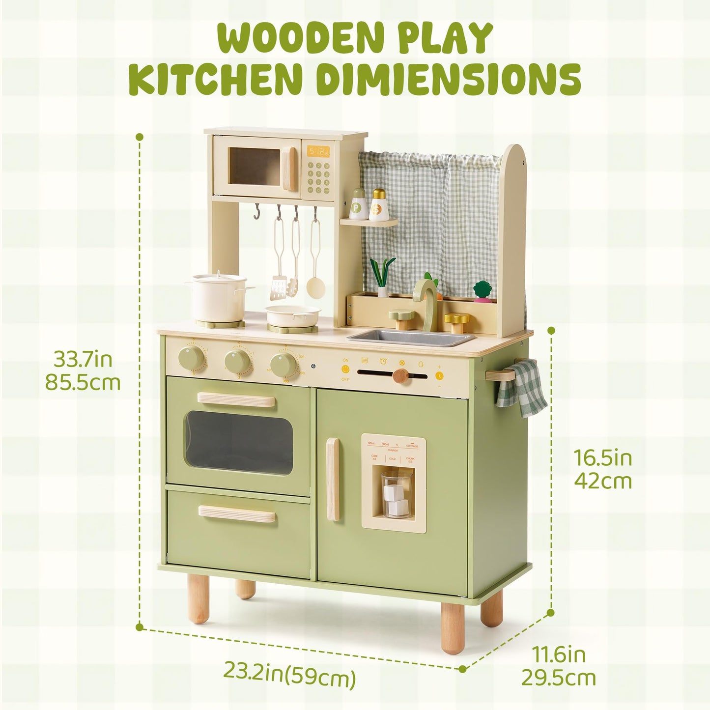 ROBUD Wooden Play Kitchen Set, Pretend Play Kitchen for Kids, Toy Kitchen with Microwave, Sink, Stove and Ice Maker, Toddlers Kitchen Playset Gift for Boys Girls, 3+ (Green)