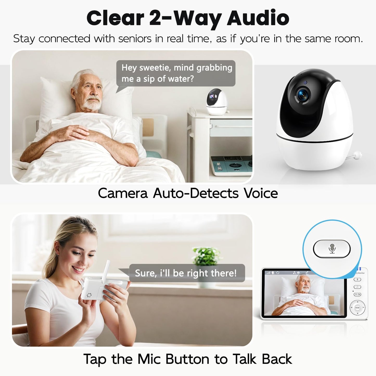 Elderly Monitor with Camera and Audio & Call Button, 2-Way Talk Room Monitors for Elderly, Med Reminder Temp Alert Baby Monitors for Elderly Care & Caregivers, PTZ Camera for Senior Monitoring/No WiFi