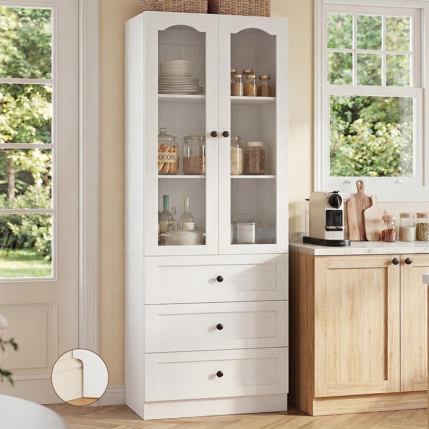 Cyclysio 80" Tall Pantry Cabinet for Kitchen Storage, White Pantry Cabinet with Glass Doors & 3 Drawers - Freestanding Storage Bookcase with Built-in Baseboard Notch for Dining, Living Room