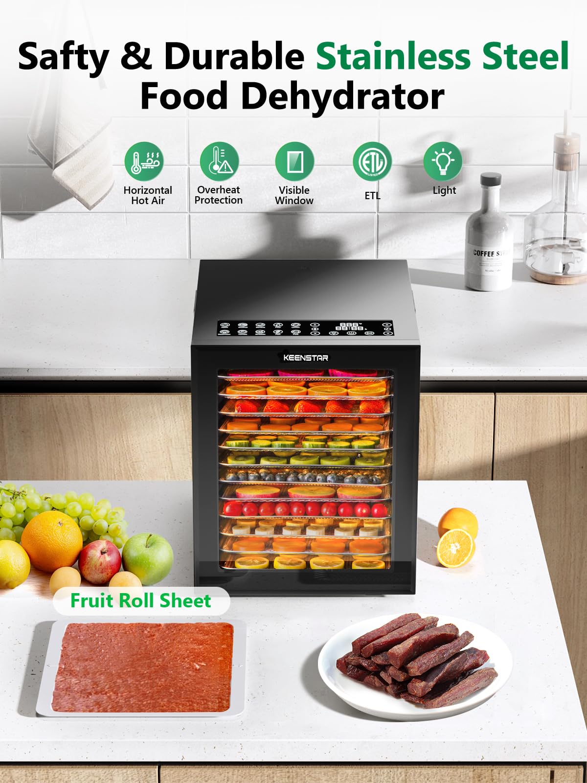 Food Dehydrator for Jerky, 12 Stainless Steel Trays, 10 Presets, 165℉ Temperature Control, 48H Timer, 850W Dryer Machine for Dog Treats, Herb, Veggies, Meat, Fruit