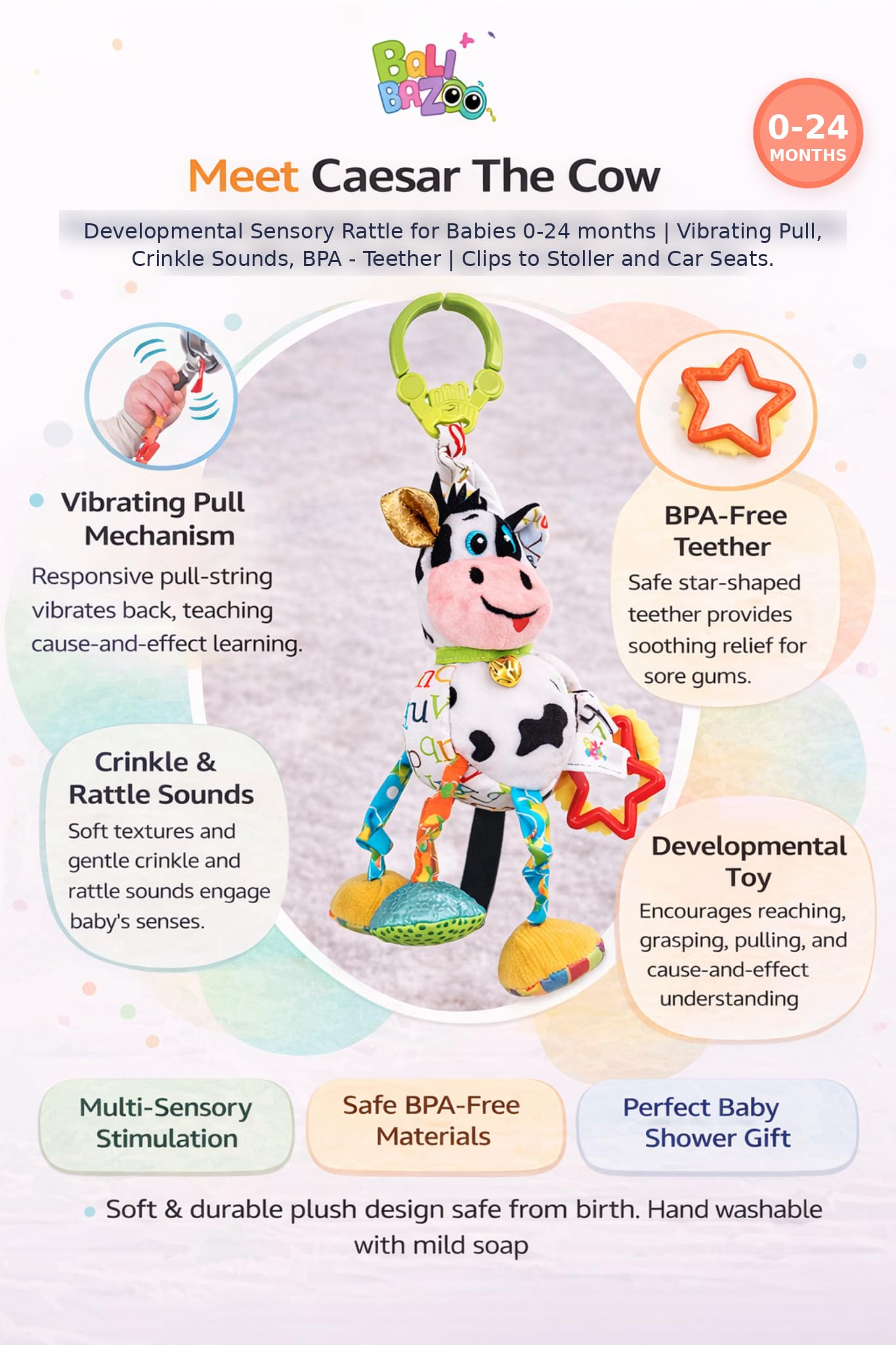 Balibazoo Caesar The Cow Hanging Toy - Developmental Sensory Rattle for Babies 0-24 Months | Vibrating Pull, Crinkle Sounds, BPA-Free Teether | Clips to Stroller, Car Seat | Soft Plush Baby Toy