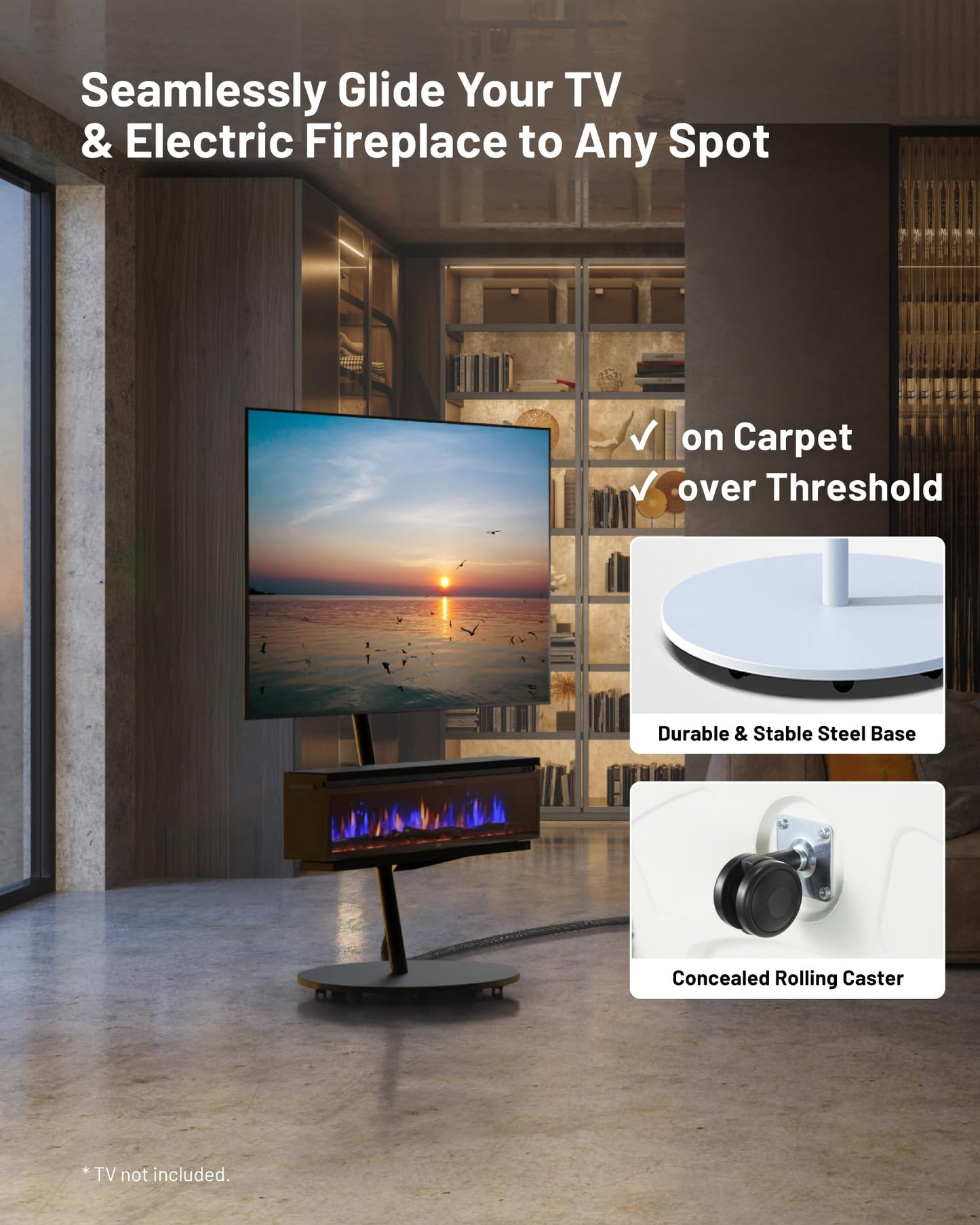 WALL SEVEN STAND A2 Grand Mobile TV Stand with FLAMEBAR Electric Fireplace & Shelf | Fits 45–80" TVs | Satin White | 1500 Flame Color Combinations | WiFi Enabled, 750/1500W Heater, Space-Saving Design