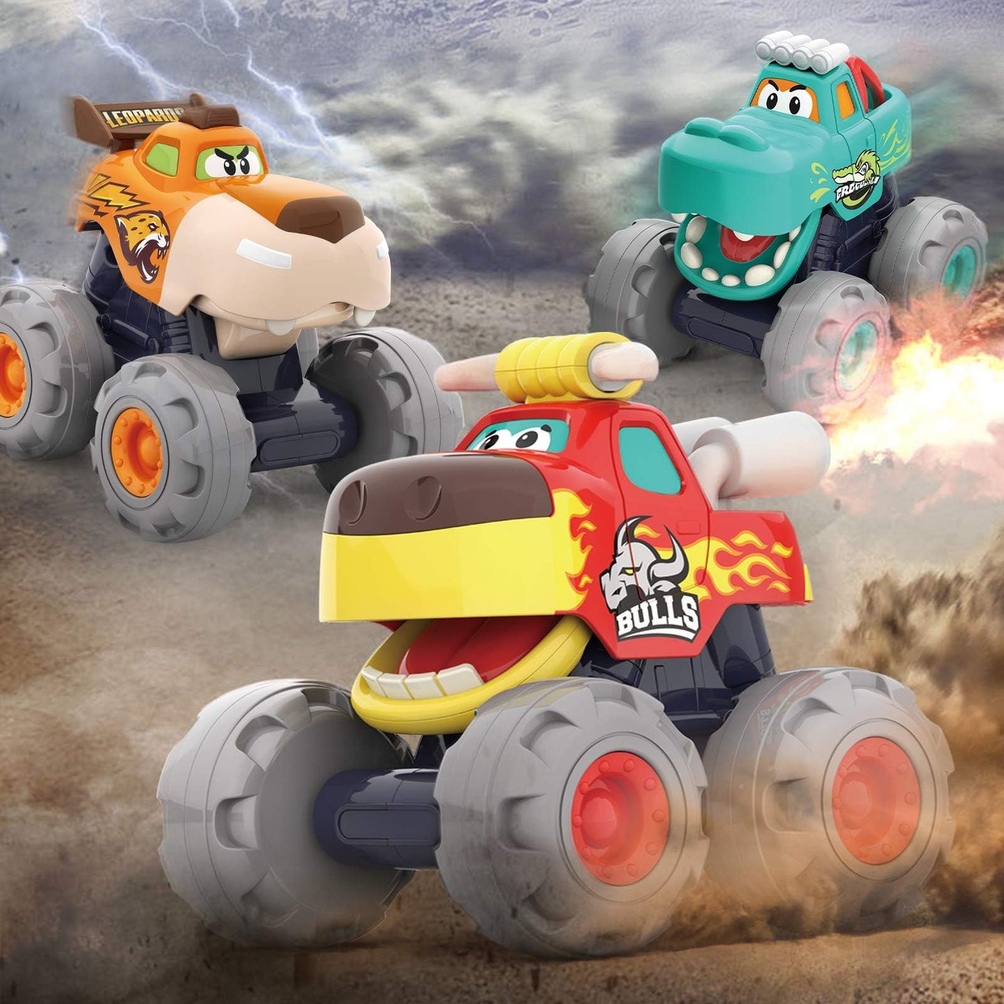 Toy Cars for 1 2 3 Year Old 3 Pack Monster Truck Toys Crocodile Bull Leopard Pull Back Car Big Wheel Animal Toy Trucks for Toddler 1-3 Baby Toys 12 18 Months Boy Girl Toddler Toy for 1 Year Old Gift