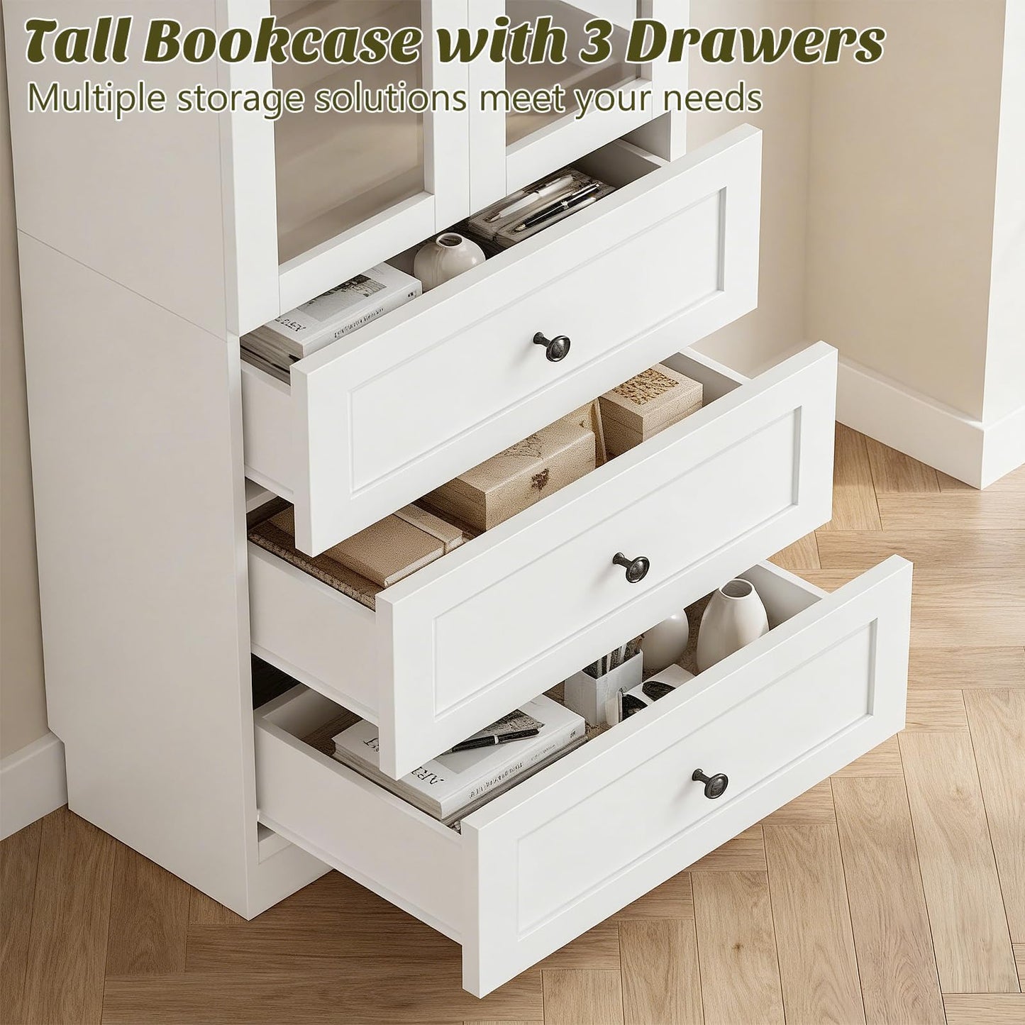 Cyclysio 80" Tall Pantry Cabinet for Kitchen Storage, White Pantry Cabinet with Glass Doors & 3 Drawers - Freestanding Storage Bookcase with Built-in Baseboard Notch for Dining, Living Room