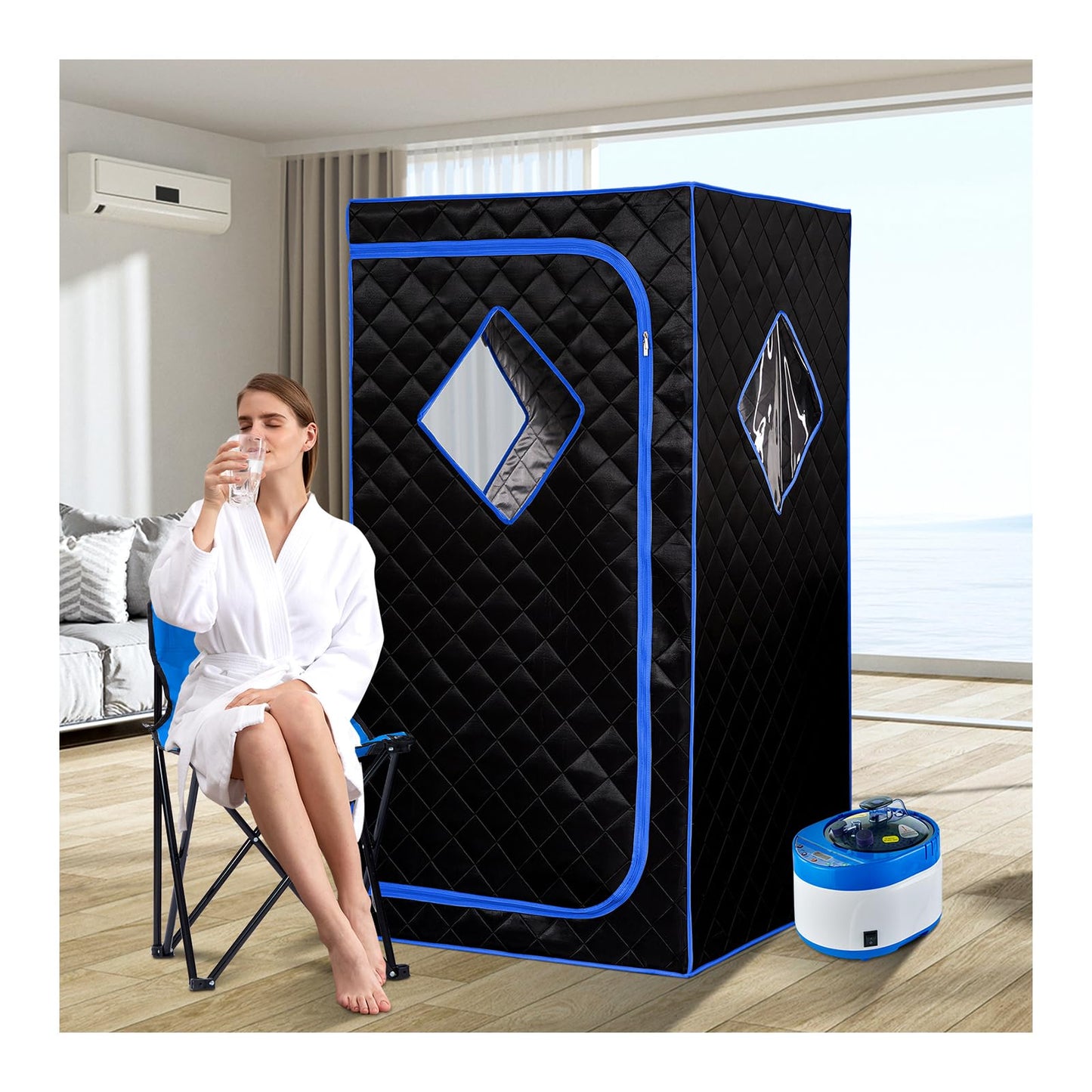ZONEMEL Personal Portable Steam Sauna, Full Size Sauna Tent, 1500 Watt 4 Liter Steamer with Remote Control, Timer, Portable Sauna Chair for Home Saunas (L 33.8" x W 33.8" x H 65.7", Blue Border)