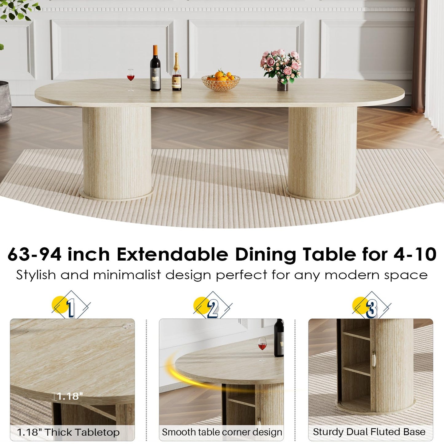 11 Piece Extendable Dining Table Set with 10 Beige Upholstered Chairs, 63"-95" Faux Mars Oval Kitchen Table Set with Storage for 10, Space-Saving Expandable Dining Room Table Set with Wood Fluted Base