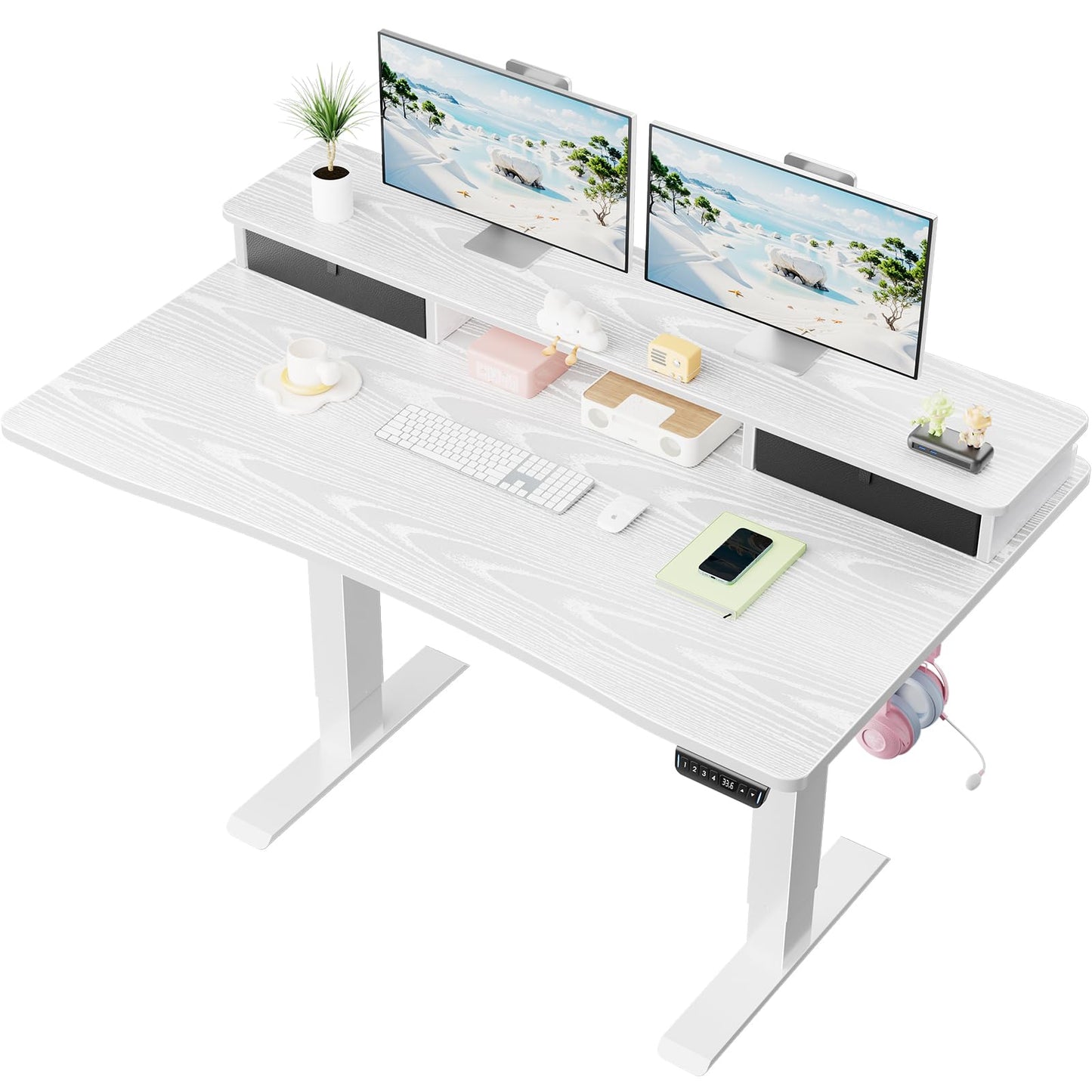 Veken 47.2"×27.6" Home Office Standing Desk with Monitor Riser, Adjustable Computer Desk with Drawers, Ergonomic Desk for Work, Study, Gaming, Crafting, White