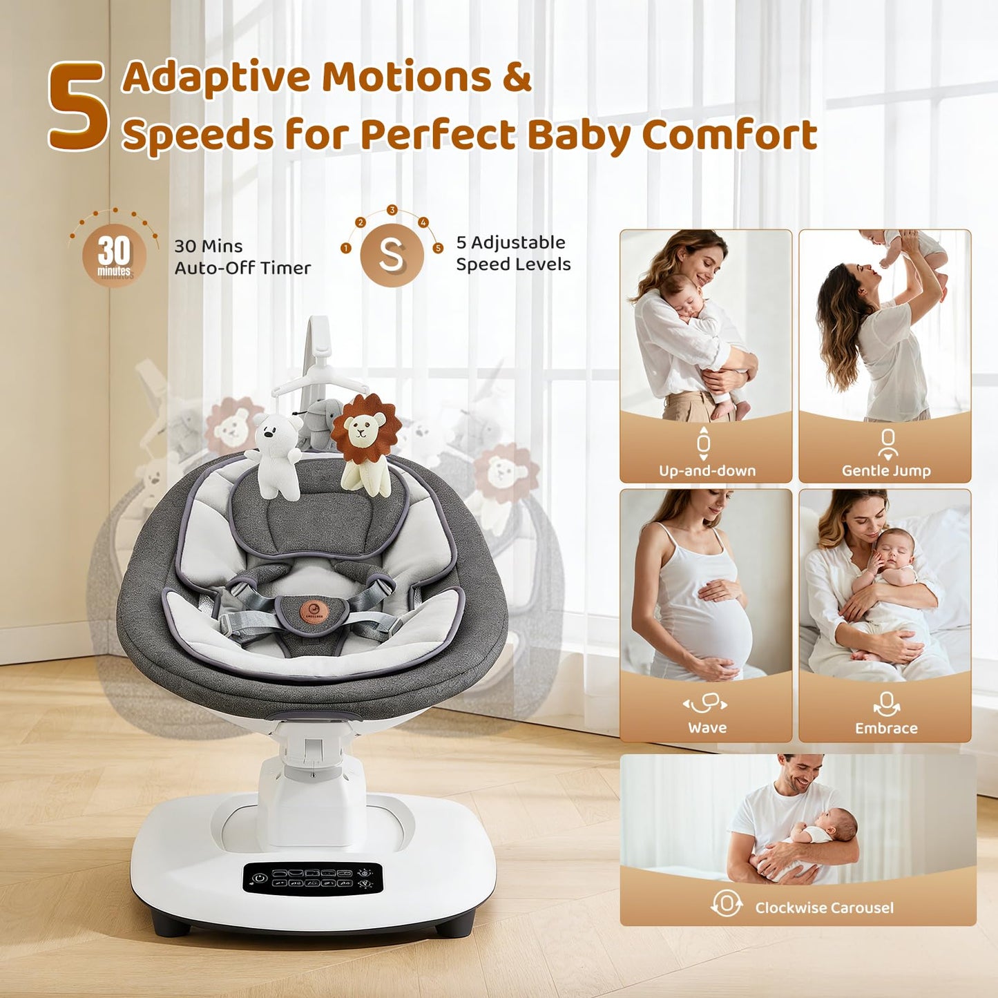 Baby Swing, Multi-Motion Baby Swings for Infants to Toddlers, Enabled with 5 Unique Motions & 5 Speeds, 360° Rotating Seat, 5-Point Harness, 5 Preset Lullabies