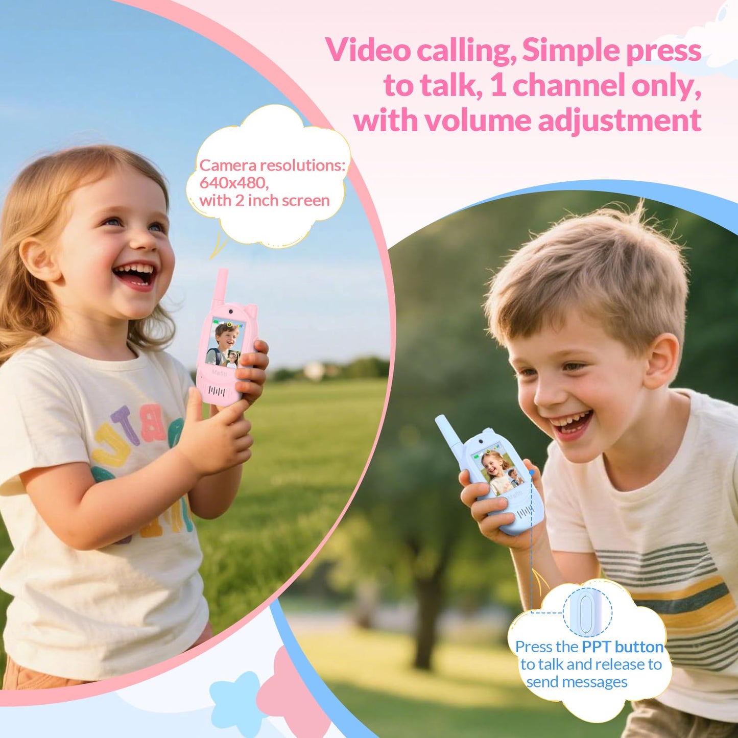 Mafiti Video Walkie Talkies for Kids 2 Pack Rechargeable 1000 Feets Long Range Toddler Toys Birthday Gifts for 3 4 5 6 7 8 Year Old Boys Girls (Blue+Pink)