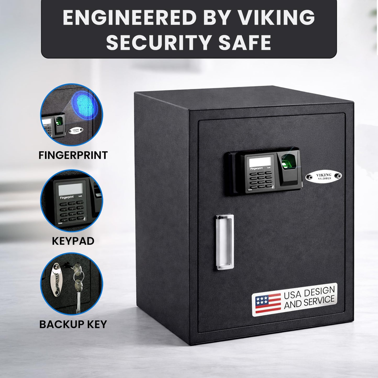 Viking Security Safe Large Biometric Safe – Quick-Access Fingerprint, PIN & Key Entry, Heavy-Duty Steel with Anti-Pry Door, Adjustable Shelves, Interior LED Light VS-50BLX