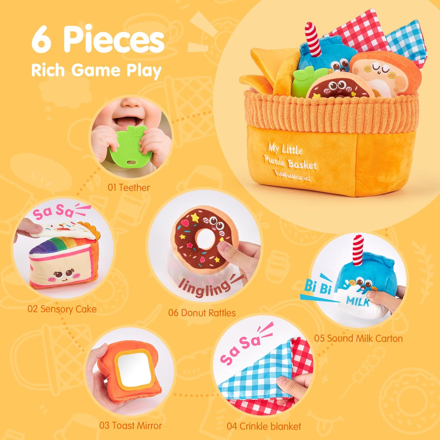Hahaland Baby Toys 6-12 Months – Picnic Basket Sensory Toy with Crinkle, Rattles, Teether & Mirror, Montessori Play Food Plush for Early Development, Christmas Gifts for 1+ Years Boys & Girls