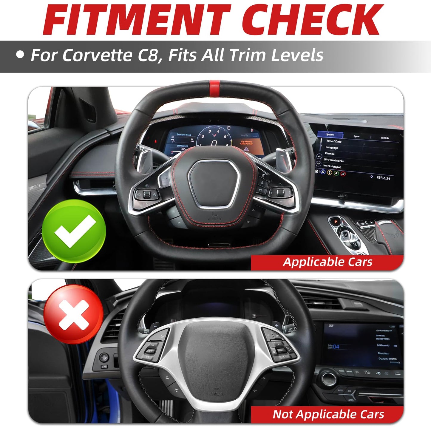 Heated Real Carbon Fiber Steering Wheel for Chevy Corvette C8 Stingray Z06 ERay 2020-2026, Red Stripe Perforated Leather, Flat Top Bottom Replacement, Retains OEM Heating