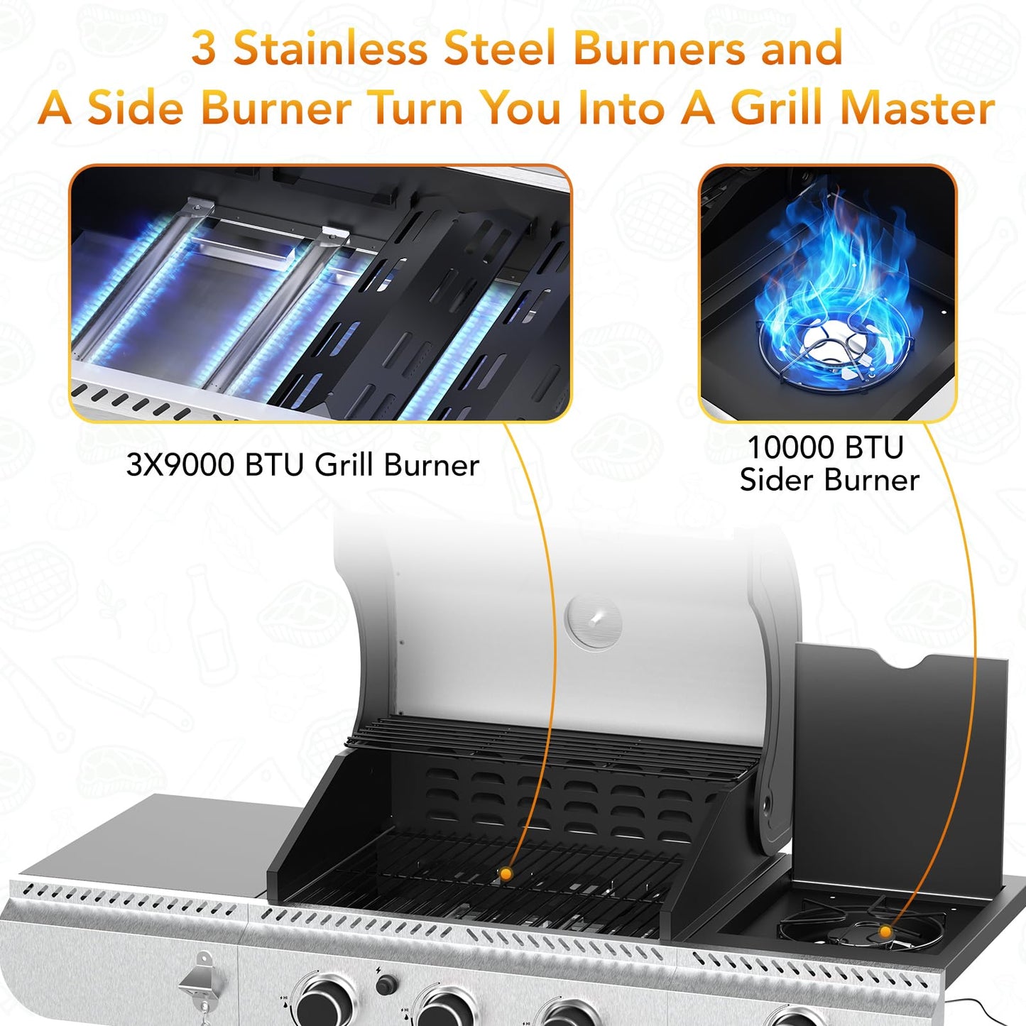 Electactic 3-Burner Propane Gas BBQ Grill with Side Burner,Stainless Steel Grill with Porcelain-Enameled Grates,37000 BTU Barbecue Grill, Suitable for Outdoor Cooking,Camping,Patio Backyard