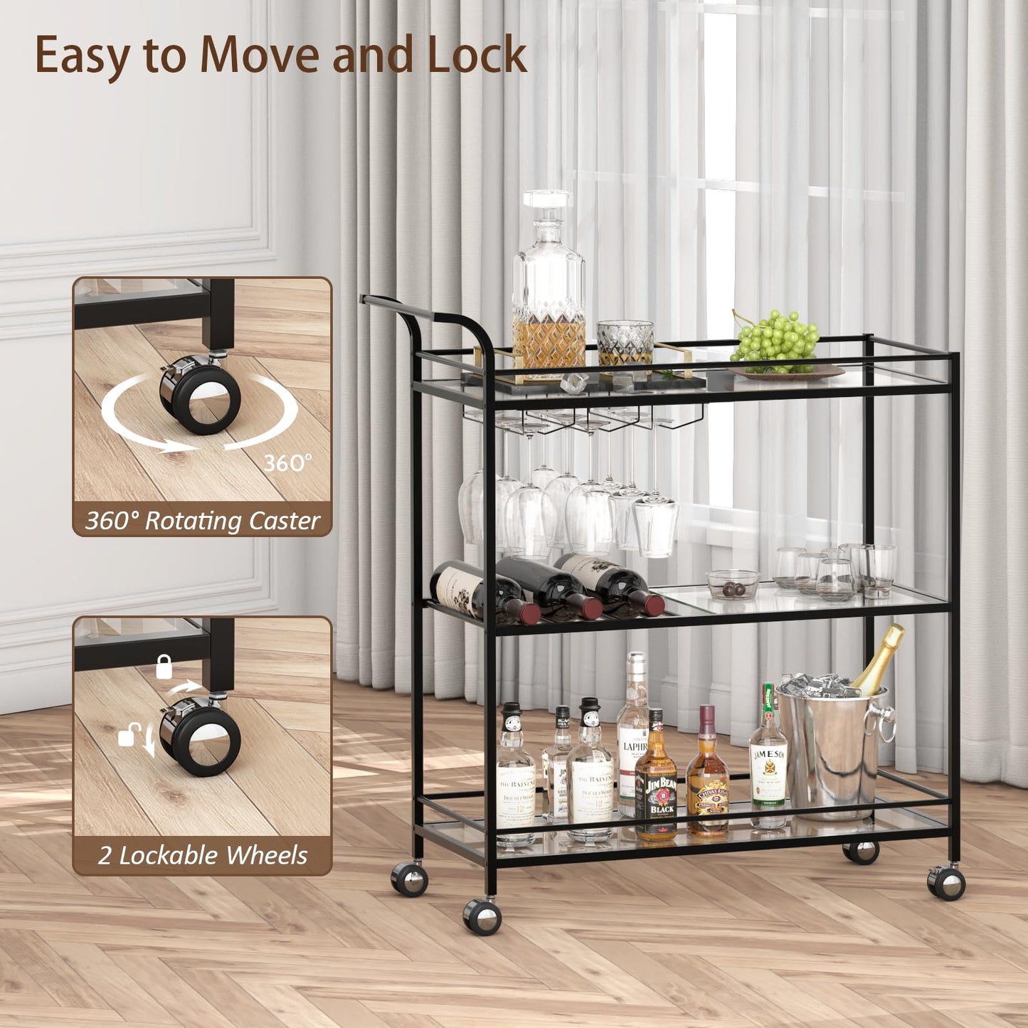 Alihdrna Black Bar Cart, Home Bar Serving Cart with Handle, Wine Cart with 3-Tier Glass Shelves, Beverage Cart with Wine Rack and Glass Holder, Bar Carts for The Home, Dining Room, Living Room