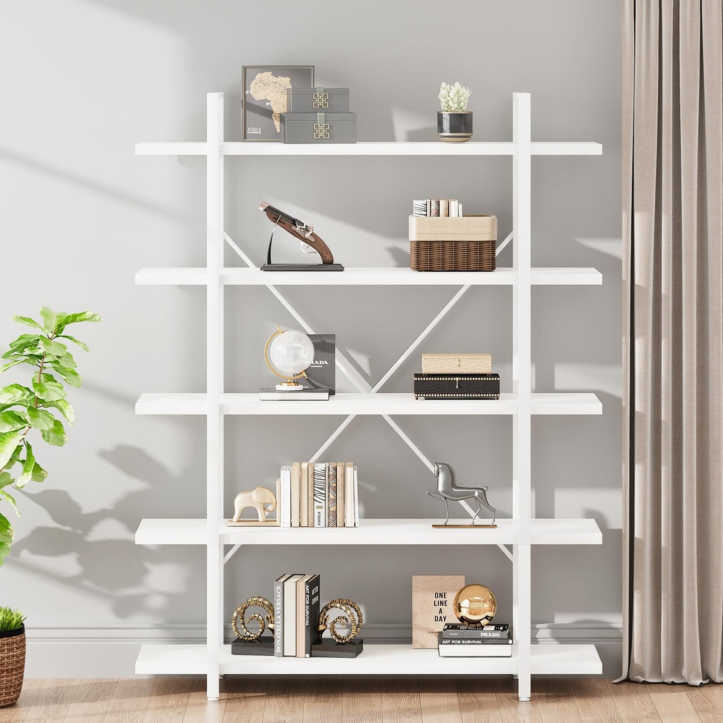 HSH 5 Tier Tall White Bookshelf, Metal and Wood Storage Book Shelves for Bedroom Living Room Office, Modern Large White Bookcases and Bookshelves 5 Shelf, Farmhouse Open Vertical Display Book Shelf