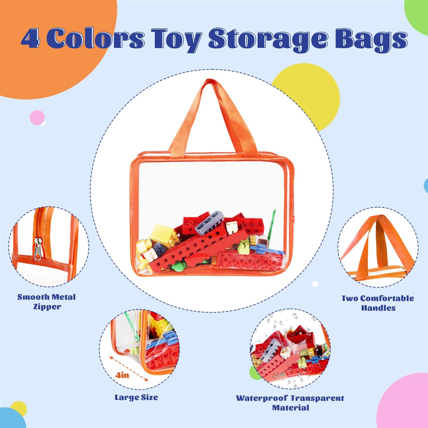 Jiejieko 4 Pcs Toy Storage Bags, Clear PVC Toy Organizer with Zipper, Waterproof Travel Bags with Labels for Building Blocks, Puzzle, Kids Books (multicolor2)