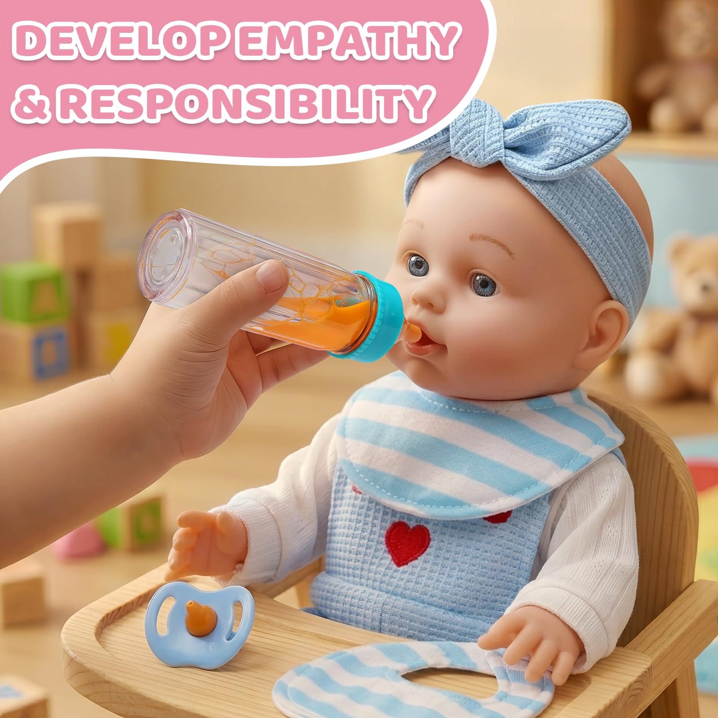 Uzoxlsn 12’’ Baby Doll with Cotton Carrier Bassinet, 15 Pcs Baby Doll Accessories Bedding, Feeding and Caring Set Magic Bottle Pacifier Diaper Blanket Pretend Play Game Gift for Girls Age 3+ Toddler