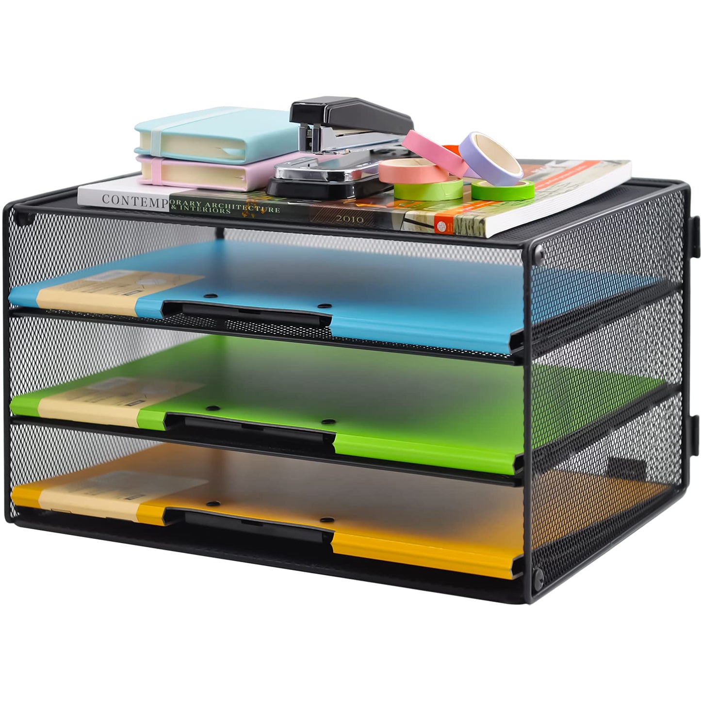 COSYAWN 3 Tier Mesh Desk Paper Tray Organizer, File Organization for Letter Document, Desktop Mail Storage Holder for Office Home School, Black, 2 Pack