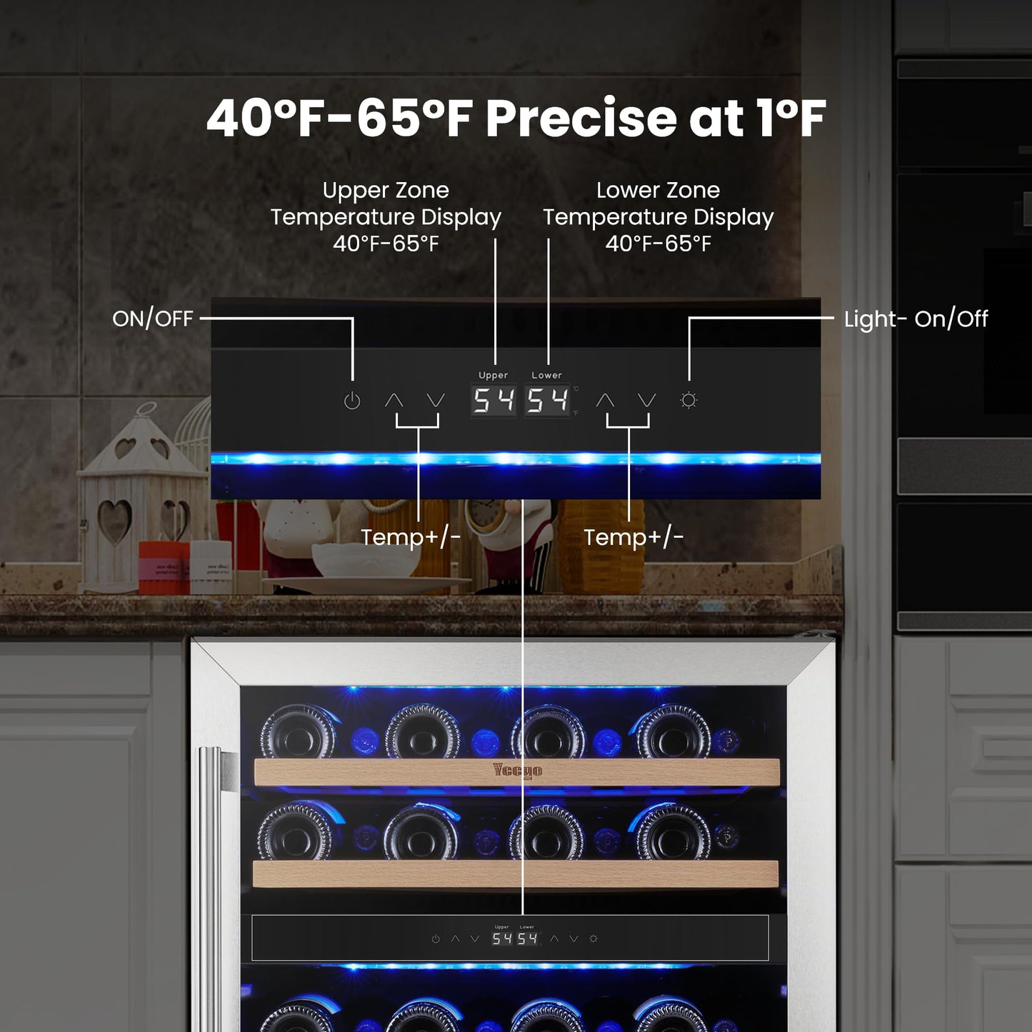Yeego Wine Fridge Cooler - 24 Inch Dual Zone Wine Fridge Hold 52 Bottles, 40-65°F Wine Refrigerator Glass Door, Built in, Freestanding Under Counter Fridge for Beer Soda Drink Home Bar Office