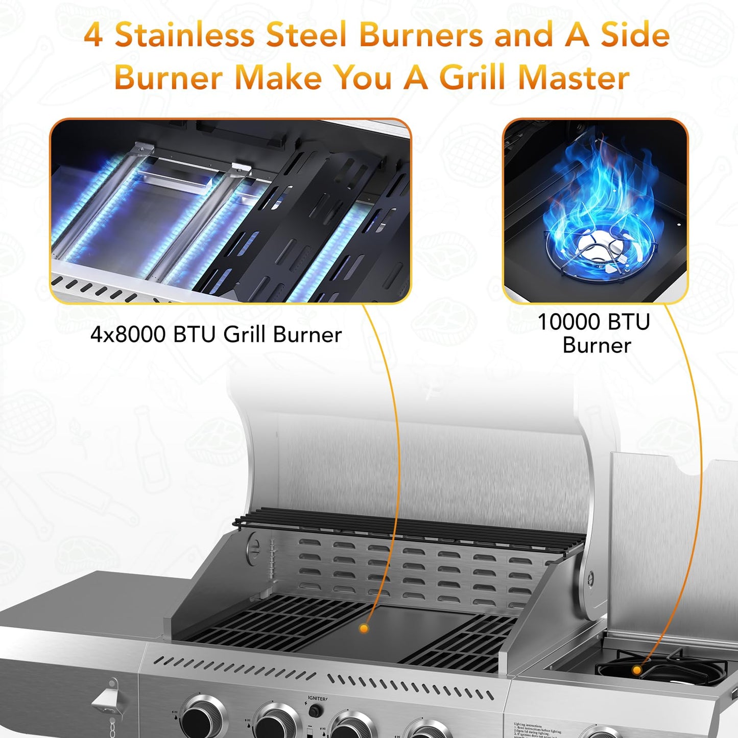 Electactic G41 Pro BBQ Grill,Heavy-Duty Stainless Steel Gas Grill, 4 Burner Gas Grill with Side Burner,42000 BTU Propane Grill for Outdoor Cooking,Barbecue,Garden and Patio Backyard