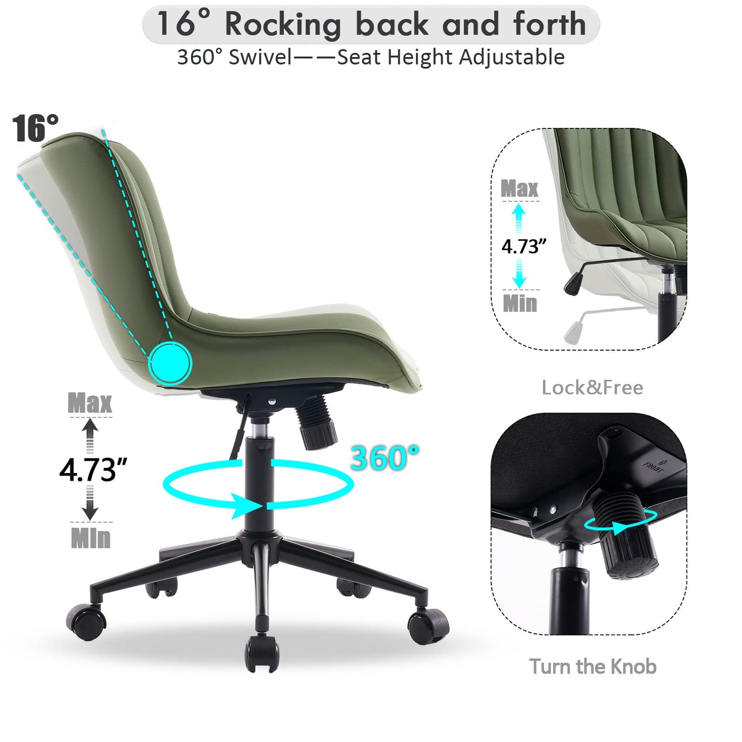 YOUNIKE Armless Home Office Desk Chair with Wheels Compact Comfy Vanity Chair with Adjustable Back Modern Small Leather Upholstered Rolling Swivel Cute Task Drafting Sewing Chair No Arms Olive Green