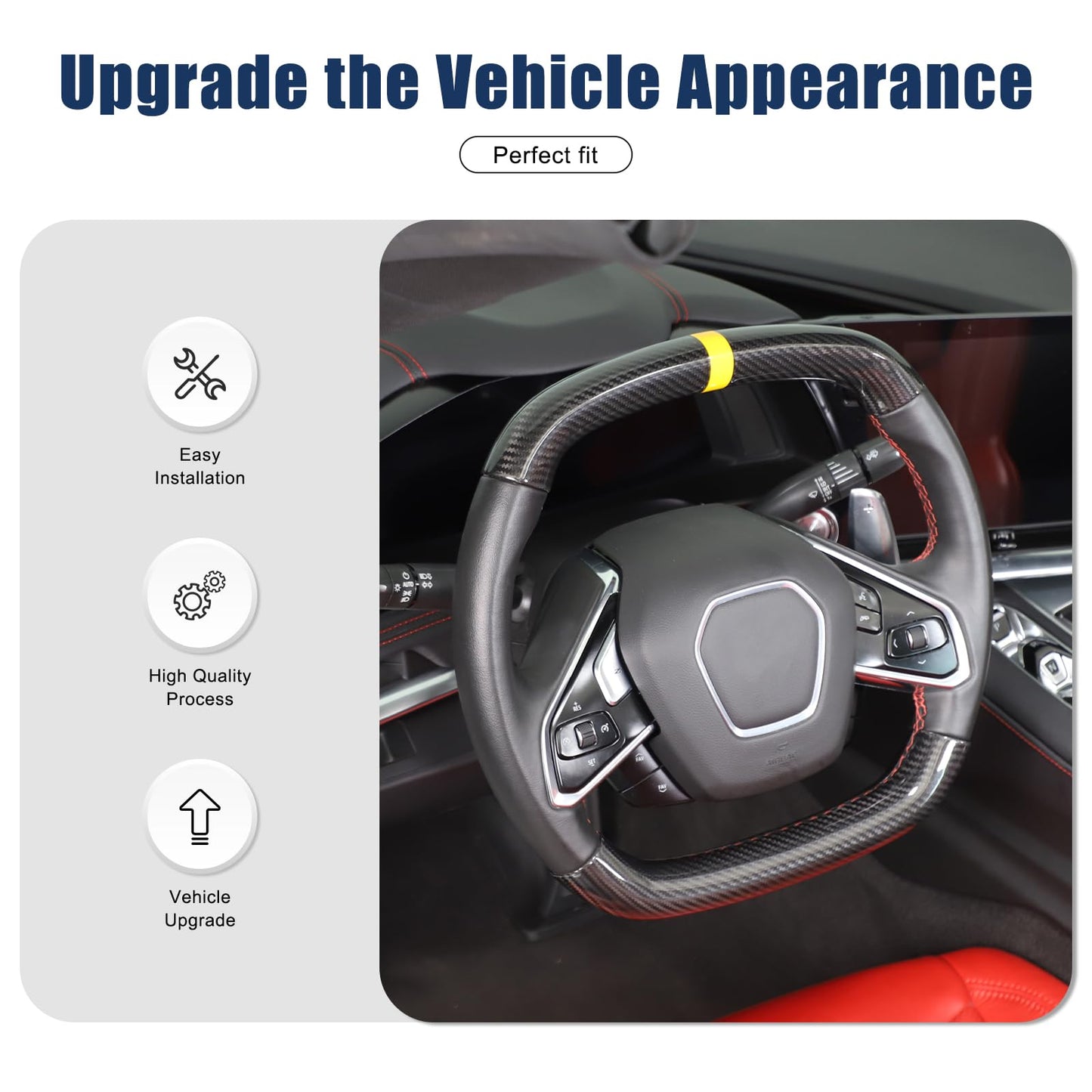 Steering Wheel Cover Trim Compatible with Chevrolet Corvette C8 2020-2026 100% Real Carbon Fiber 4PCS,Steering Wheel Circle Round Cover,Interior Protection Accessories (Black Carbon-Yellow)
