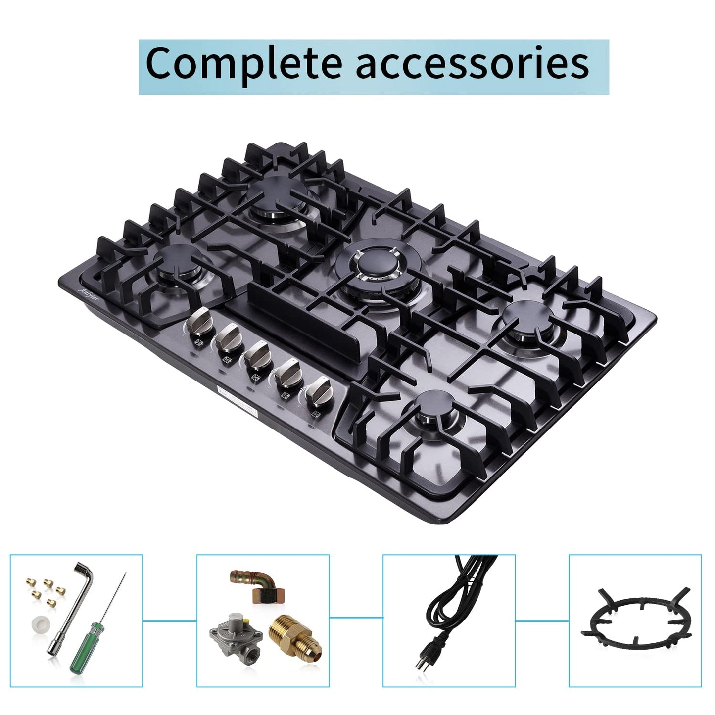 Anlyter 30 Inch Gas Cooktop, 5 Burners Built-in Stovetop, Stainless Steel LPG/NG Convertible Stove, Dual Fuel Sealed Hob - Black