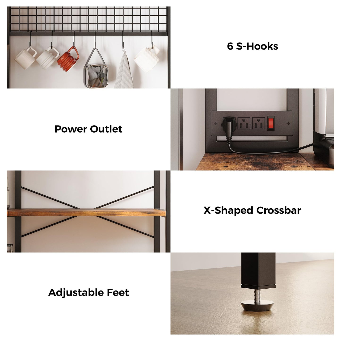 IRONCK Bakers Rack with Power Outlet, 5-Tier Corner Microwave Stand with Storage, Coffee Bar with 6 S-Shaped Hooks, Kitchen Shelves with Wire Basket