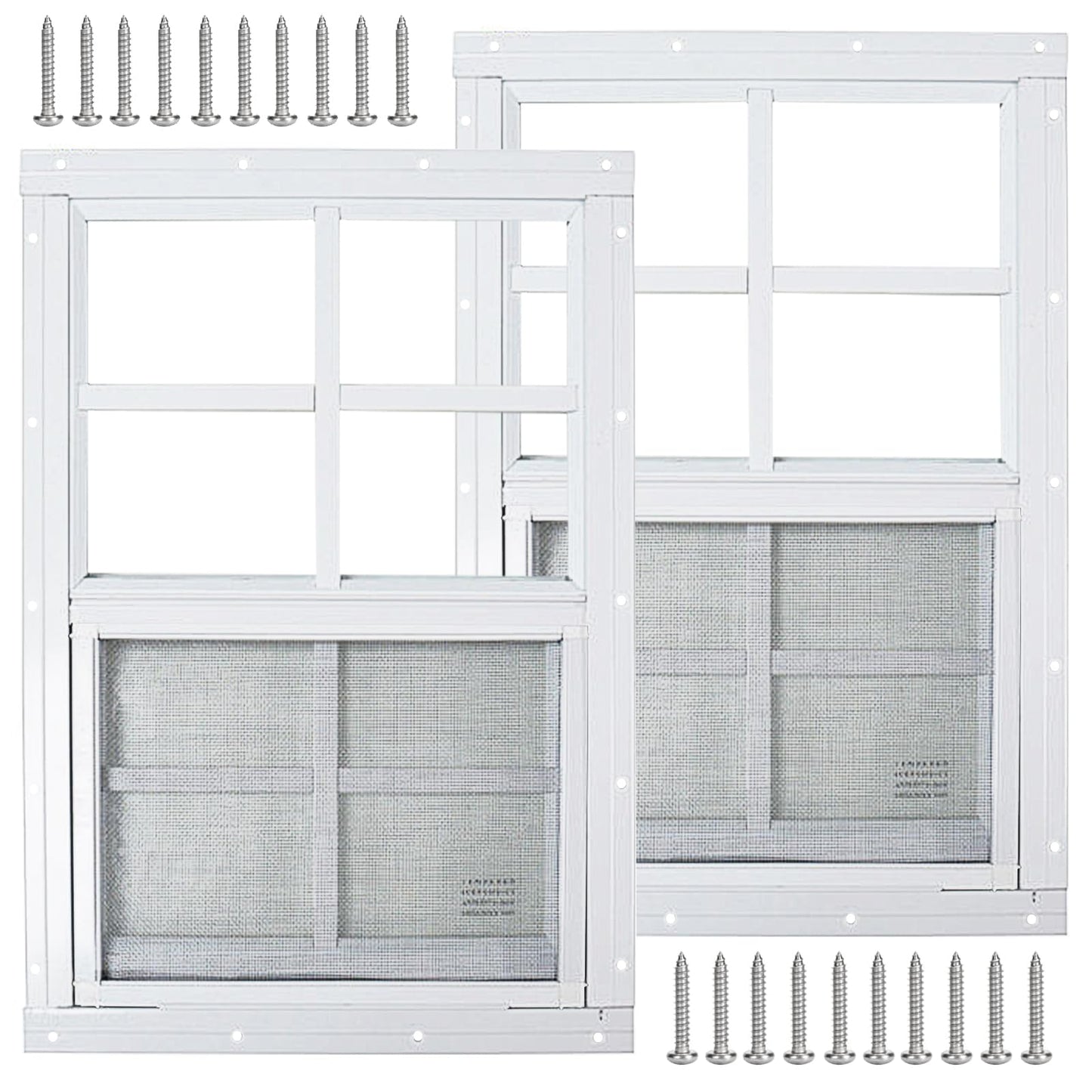 2 Pack White Shed Windows 24" x 36" Flush Mount Window with Tempered Glass and Fiberglass Screen for Chicken Coop Sheds Barns Playhouse