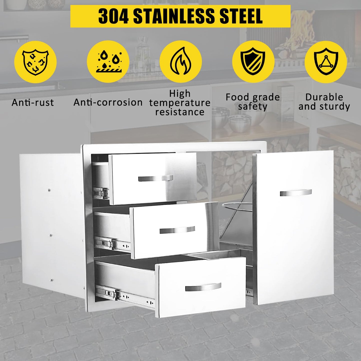 GarveeLife Outdoor Kitchen Cabinets - Stainless Steel Outdoor Kitchen Drawer Combo,Multi-Layer Design, Paper Towel Rack, Flush Mount Double Drawers, BBQ Island & Patio Grill Station, 28wx20dx20h Inch
