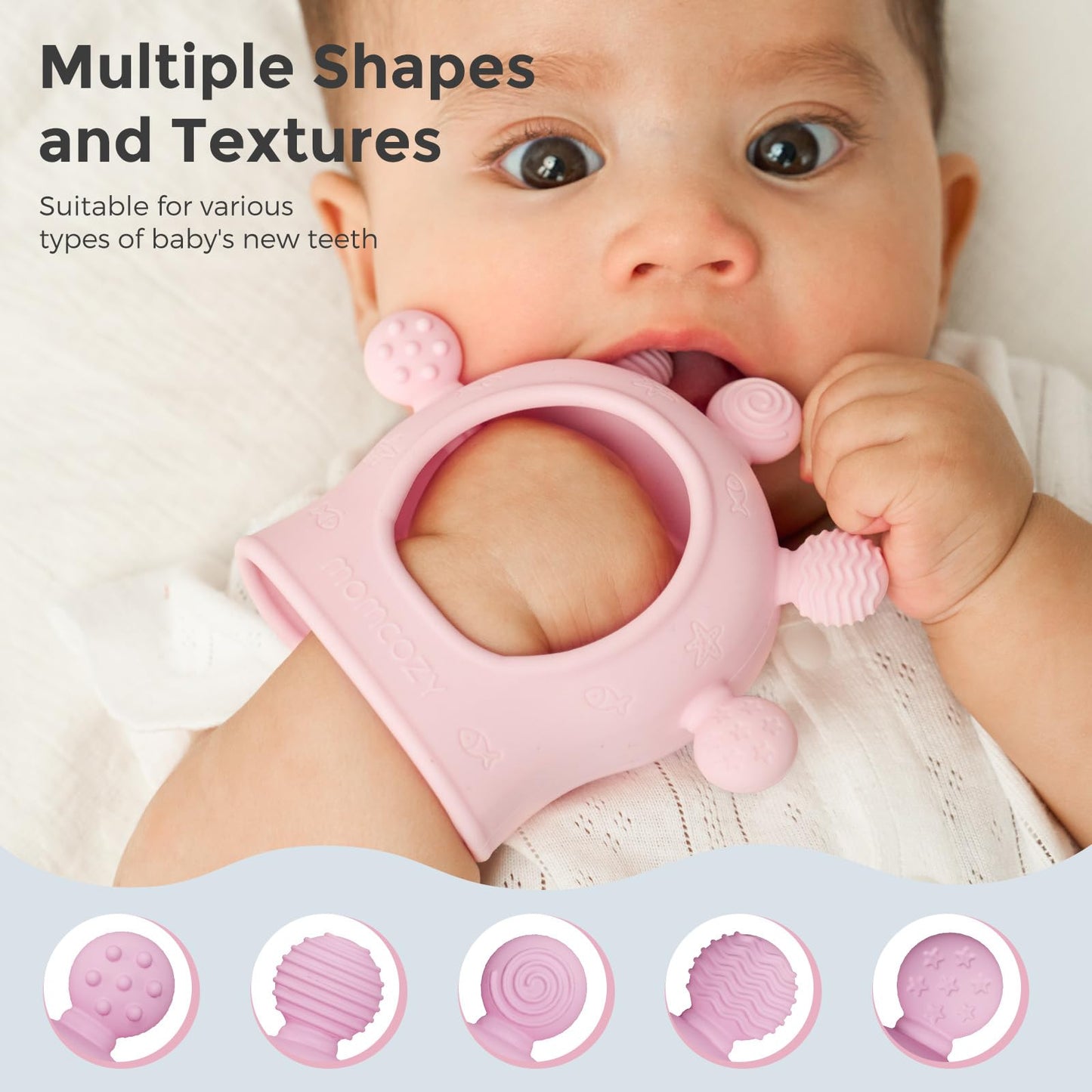 Momcozy Baby Teether Toys | Food Grade Silicone Teething Relief 0-6 Months | Toy 6-12 Months | Baby Essential | Green and Pink