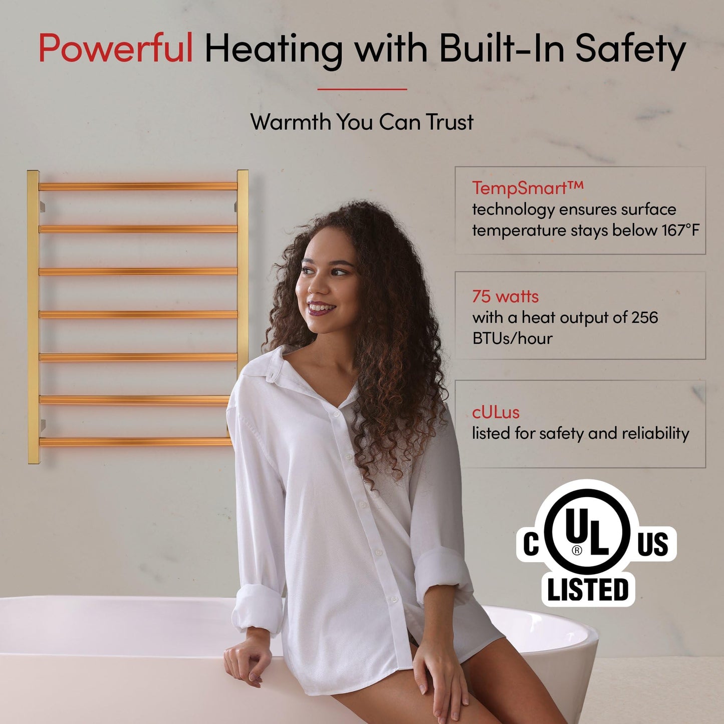 Heated Towel Rack – Brushed Gold Wall Mounted Towel Warmer for Luxurious Bathroom Spa-Like Comfort, 7-Bars, 75 Watts Electric Hardwired UL Certified Safe, WarmlyYours Tahoe