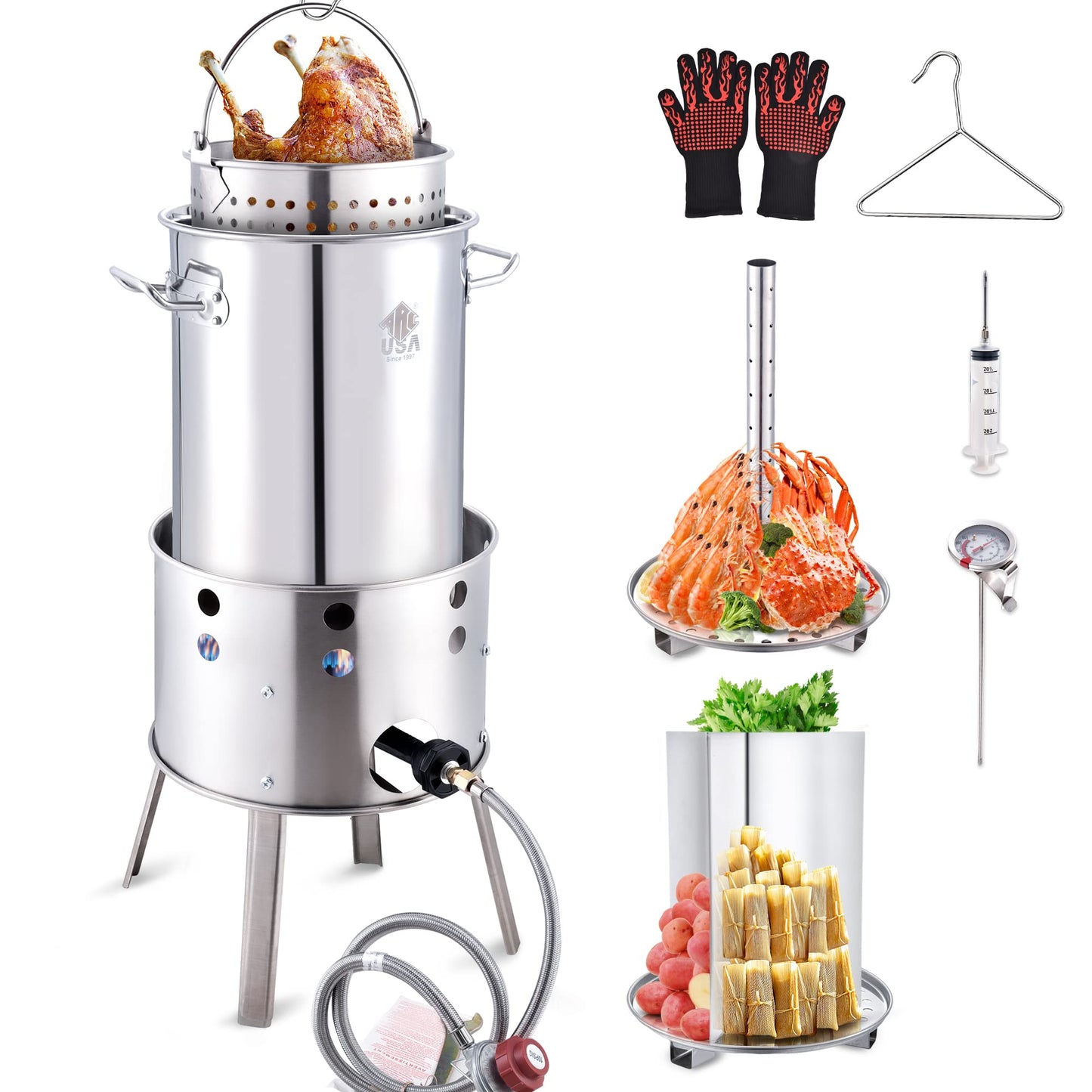 ARC 32QT Stainless Steel Turkey Fryer Kit With Burner, Seafood Boil Pot And Burner With Basket,Crawfish Boil Tamale Steamer Crab Boil Pot With Injector Thermometer, High Temperature Resistant Gloves