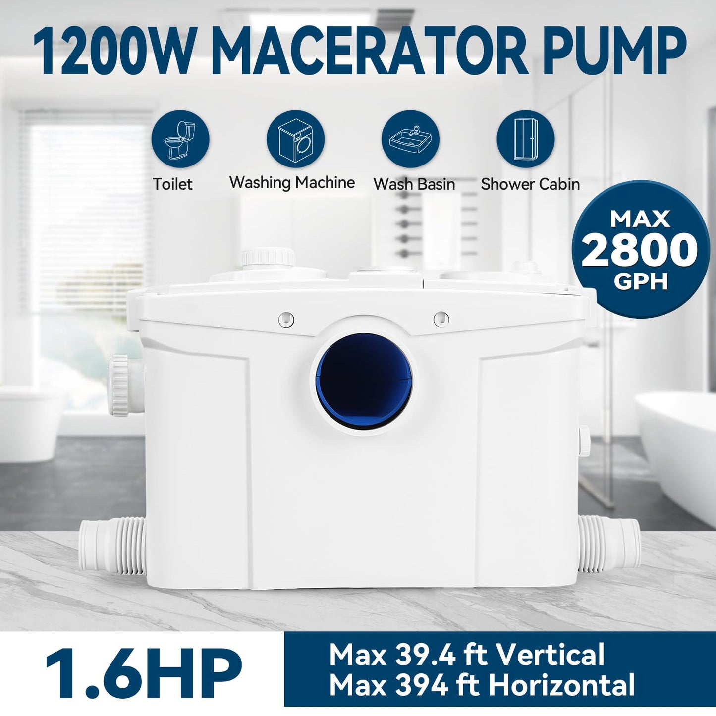 1200W Macerator Pump with PCB Function Toilet Pump Utility Sink Pump Upflush to 39.4FT 2800GPH Macerating Toilet System with 5 Water Inlets 2 Outlets for Toilet Sink Shower Laundry Kitchen Basement