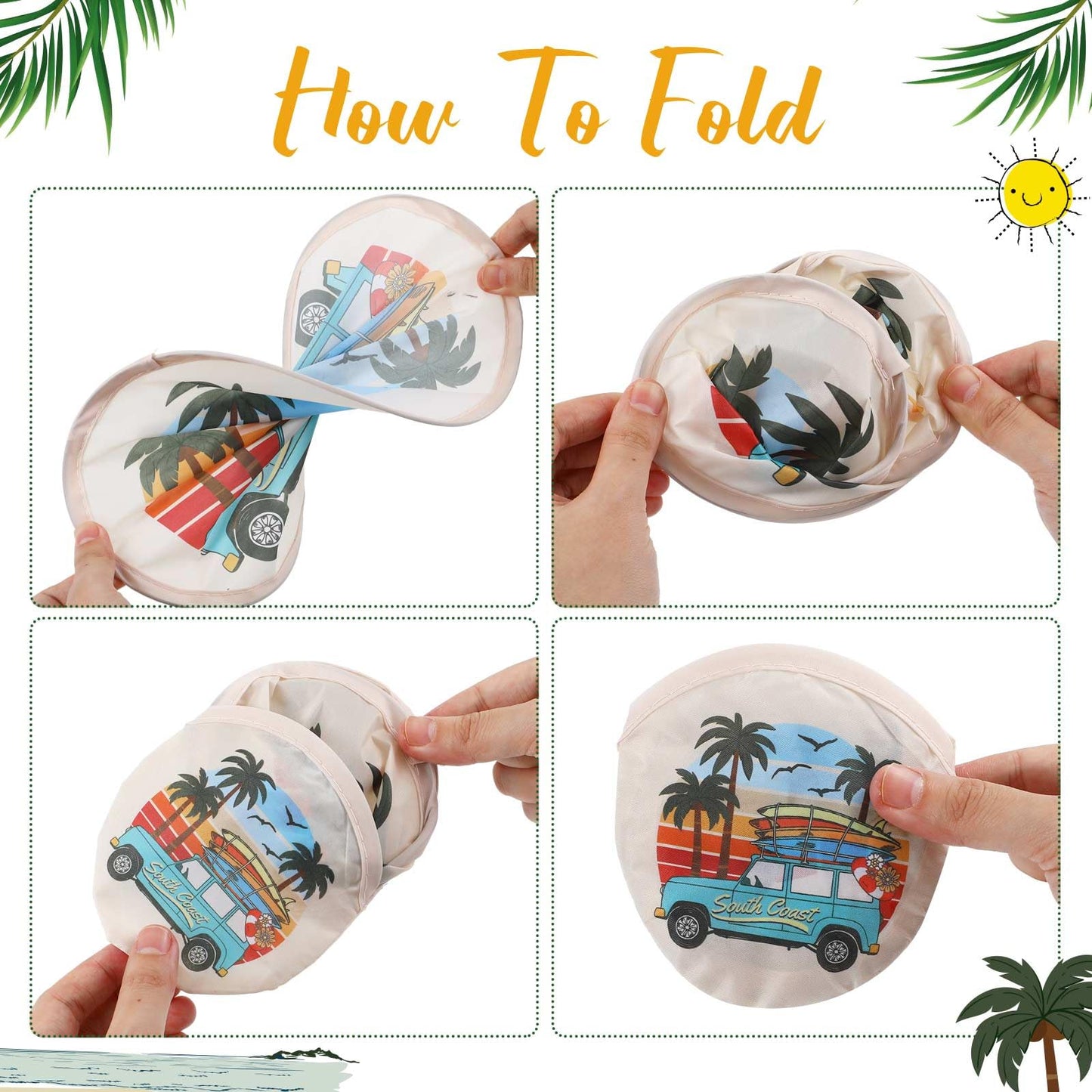 Gejoy 24 Pcs Beach Vacation Foldable Fan Style Summer Coconut Trees and Beaches Handheld Round Folding Flying Disc for Women Man Daily Use Festival Wedding Party Favors Decorations Portable, 8 Style