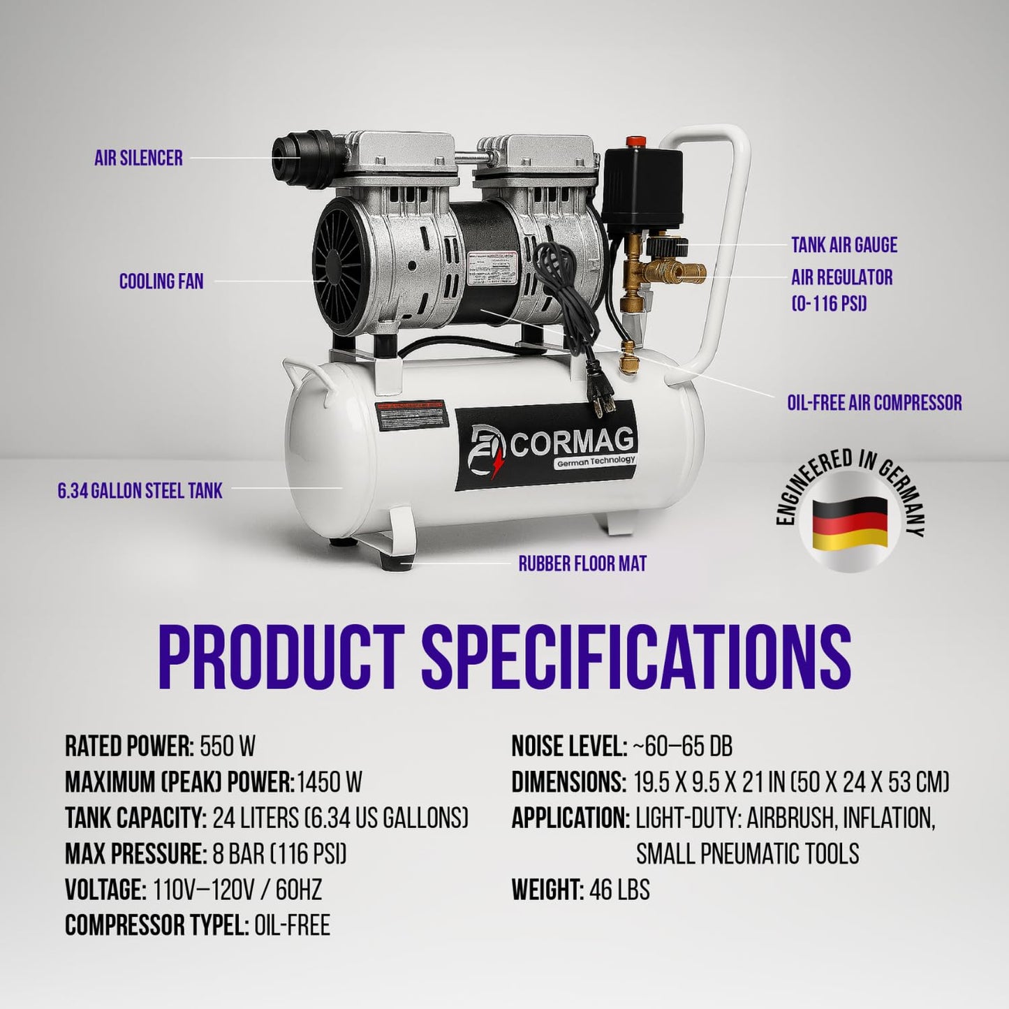 Brevix 6.3 Gallon Ultra Quiet Air Compressor, 2HP 3.35 CFM@ 90PSI Pressure | 2800 RPM Oil-Free Portable Steel Tank filled in 60s, 60dB Quiet Compressor for Airbrush, Tire Inflation & Tools, 110V/60hz