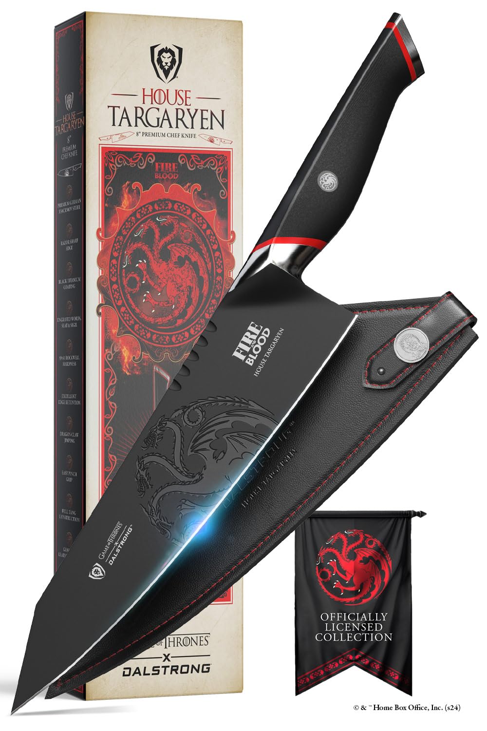 Dalstrong 8 Inch Chef Knife - Game of Thrones House Targaryen Edition - German Premium Steel - Professional G10 Handle - with Sheath