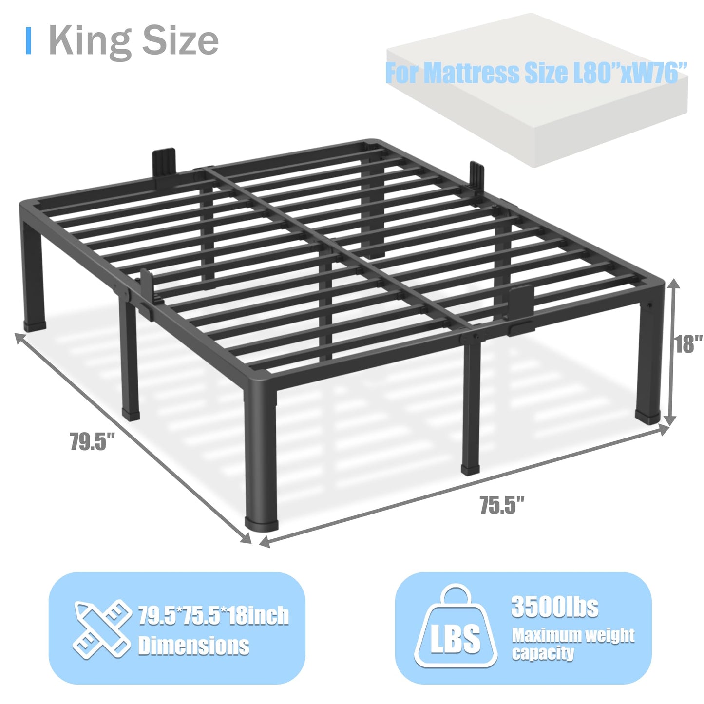 Yitong Angel 18 inch King Size Bed Frame with Round Corner Legs Mattress Slide Stopper,3500 lbs Heavy Duty Metal Platform,Steel Slat Support,No Box Spring Needed,Easy Assembly,Noise Free