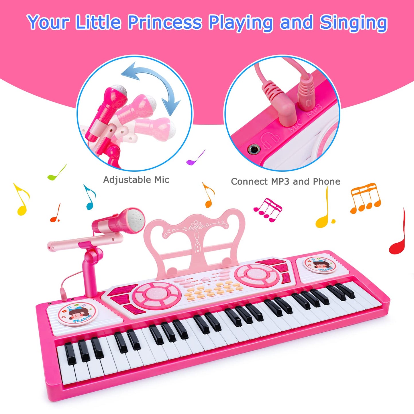 Love&Mini Kids Piano Keyboard - 49-Key Baby Piano with Earphones & Microphone, Educational Music Toy with Dual Speakers for Quiet Practice & Singing, Birthday Xmas Gift for 3-9 Year Old Girls