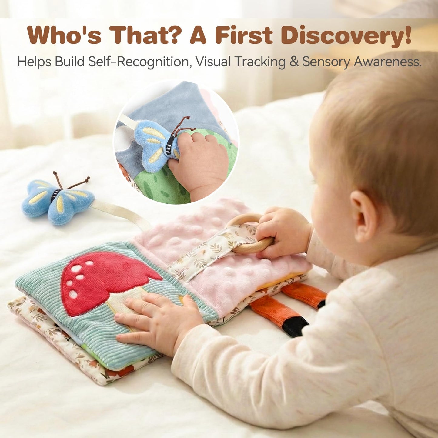 Macabaka Montessori Soft Baby Book - Sensory Book for Babies 0-12 Months with Crinkle Paper, Touch & Feel Textures, Baby Safe Mirror & Teether. Educational Infant Toys for Tummy Time, Newborn