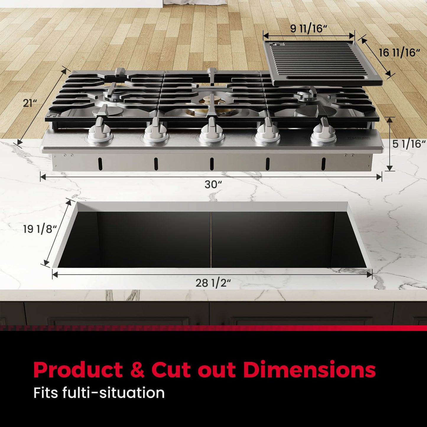 GASLAND Chef Collection 30 Inch Heavy Duty Gas Cooktop, GH4305SF 5 Burner Propane Stovetop with Backlit LED Knobs, Dishwasher Safe Grates, Reversible Cast Iron Grill/Griddle, NG/LPG Convertible