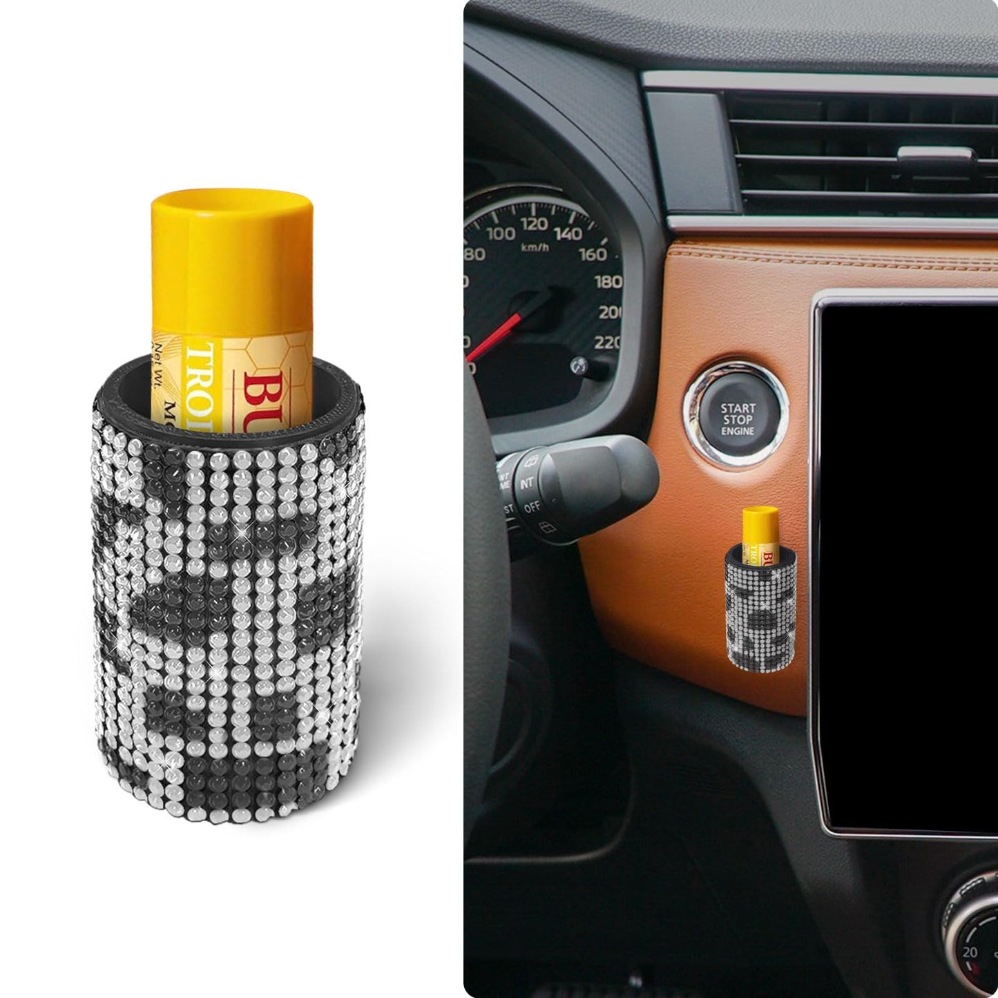1 Pack Upright Car Chapstick Holder, Bling Insulating Lip Balm Holder,Rhinestone Car Accessories for Women Interior,Suitable for Most Vehicles.(Black)
