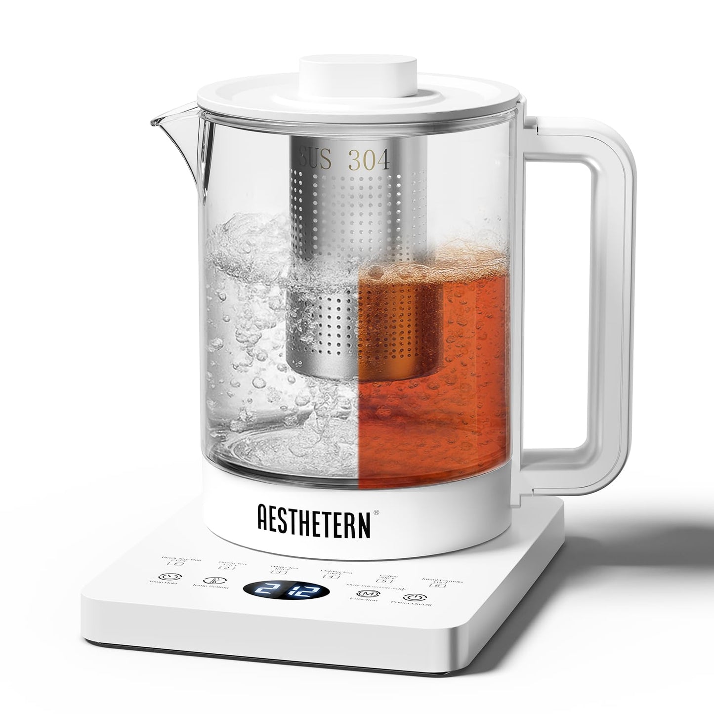 Electric Tea Kettle with Infuser, 1.5L Glass Water Boiler with Temperature Control, 24H Keep Warm & Auto Shut-Off, White