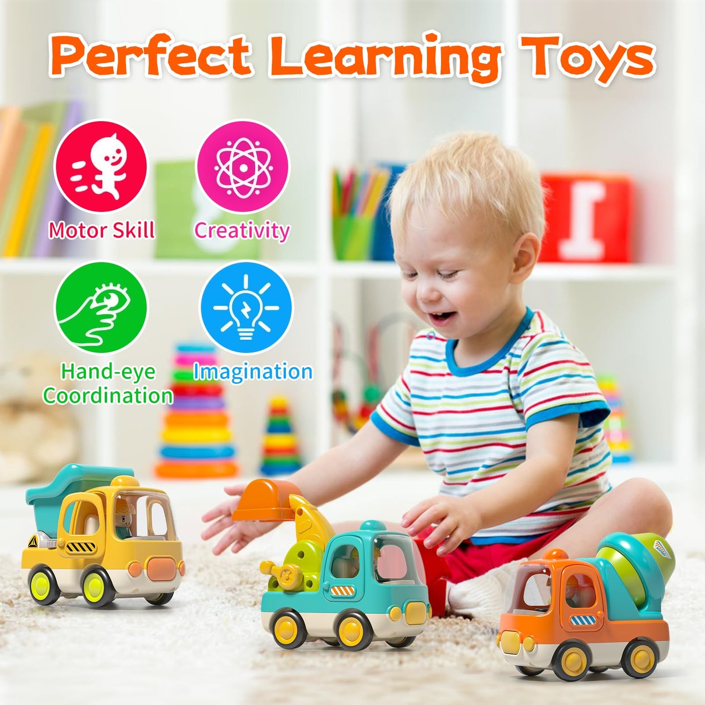 PANITU Baby Toys Push Cars for 1 2 3 Year Old Friction Powered Construction 3 Pack Friction Vehicle Set Excavator Dumper Cement Mixer Truck Lights and Musial Toys Birthday Gifts for Toddlers 1-3