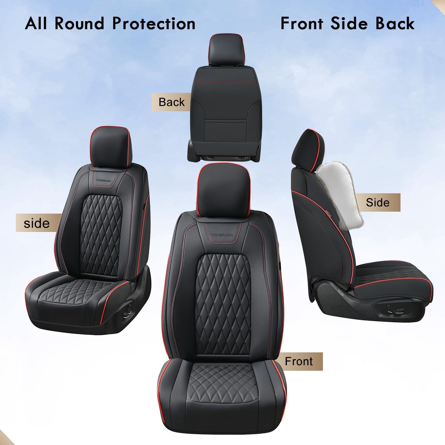 Coverado Leather Car Seat Cover, Custom Fit for Ford F150 Seat Covers, Ford F150 Truck Seat Covers Waterproof Fit for 2015-2026 F150 & 2017-2026 F250 F350 F450 Redline - Front Pair