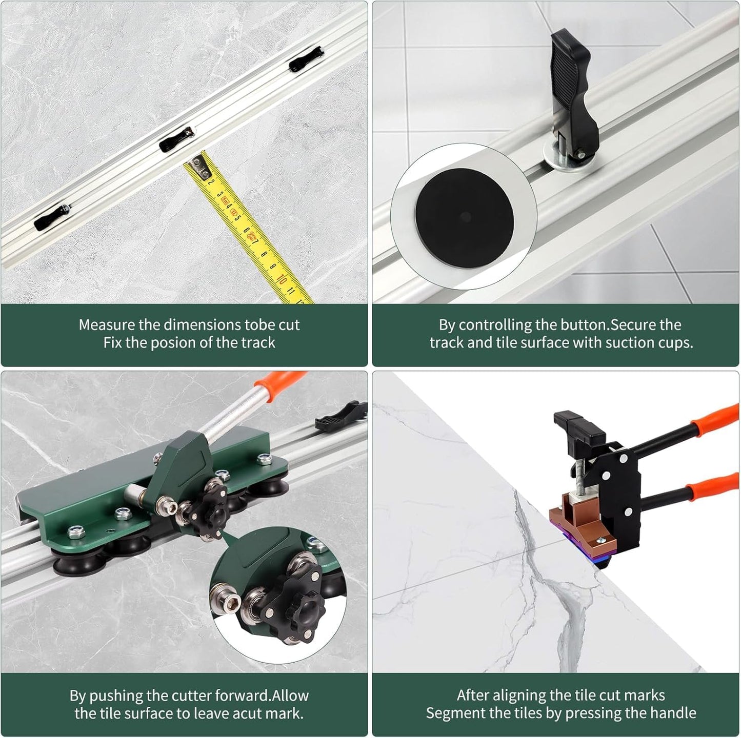 Manual Tile Cutter, Large Format Ceramic Tile Cutting Tool with Built-in Suction Cups & Tile Clamp, 3-Head Scoring Wheel System, for Up to 0.47-Inch Thick Tiles