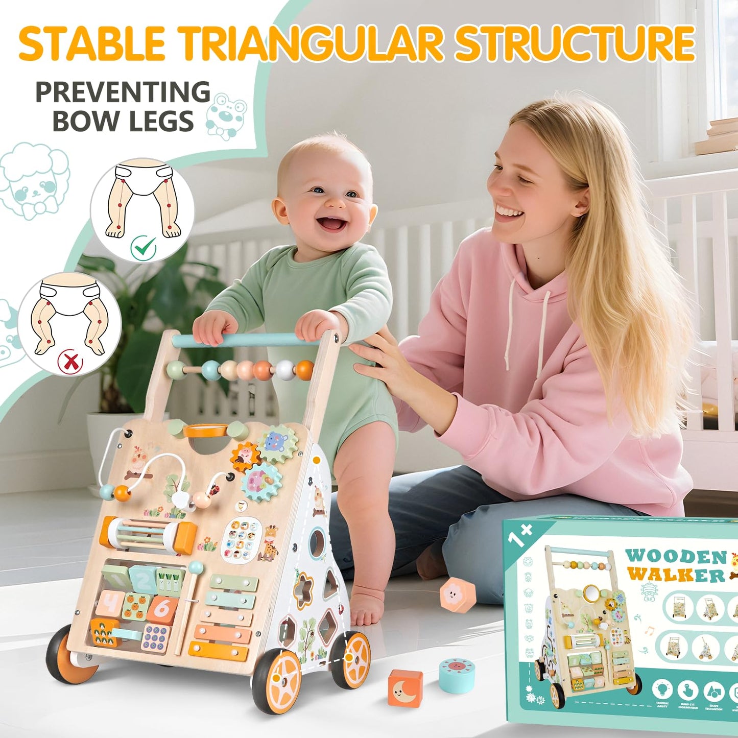 Wooden Baby Walker with Wheels, Push Walker with Baby Activity Center, Montessori Walking Toy for Girls Boys, Ajustable Speed & Height Activity Toy for Toddler Learning to Walk 12+ Months (Natural)